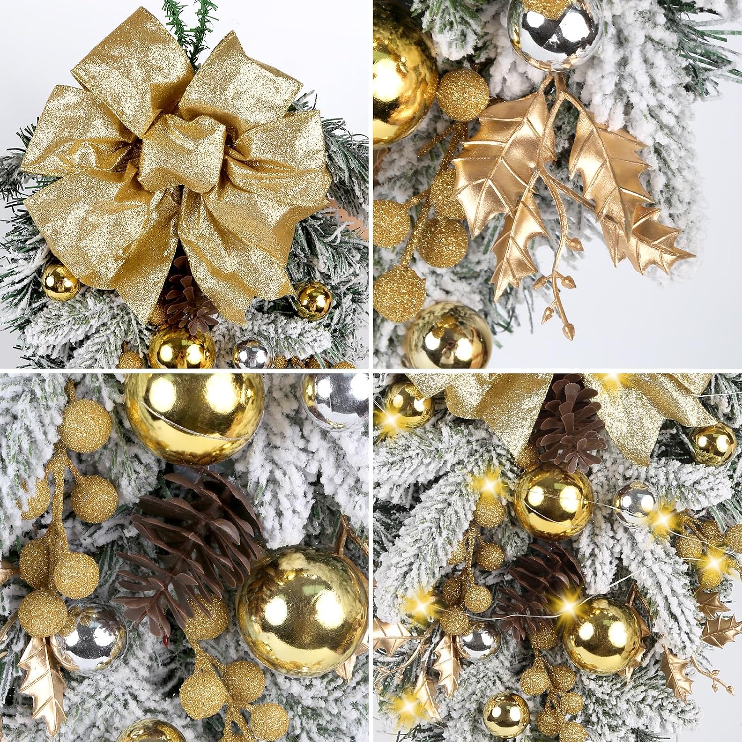 2 Pack Prelit Gold Christmas Swags, 23.6" Teardrop Door Swag with Gold Bows, Ornaments, Pinecones and Berries, Christmas Teardrop Swag for Front Door, Windows, Fireplace and Table Décor