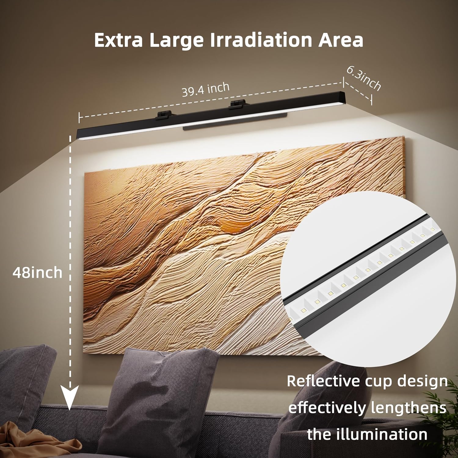 Large Battery Operated Wireless Picture Light，Rechargeable 39.4inch Painting Display Light,Remote Control Wall Lights with Three Modes and Timing for Art Frame