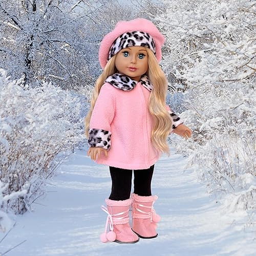 Miniatura 8 de DreamWorld Collections Elegance - Traje de muñeca de 4 piezas de 18 pulgadas, abrigo de forro polar rosa, sombrero a juego, pantalones marrones y