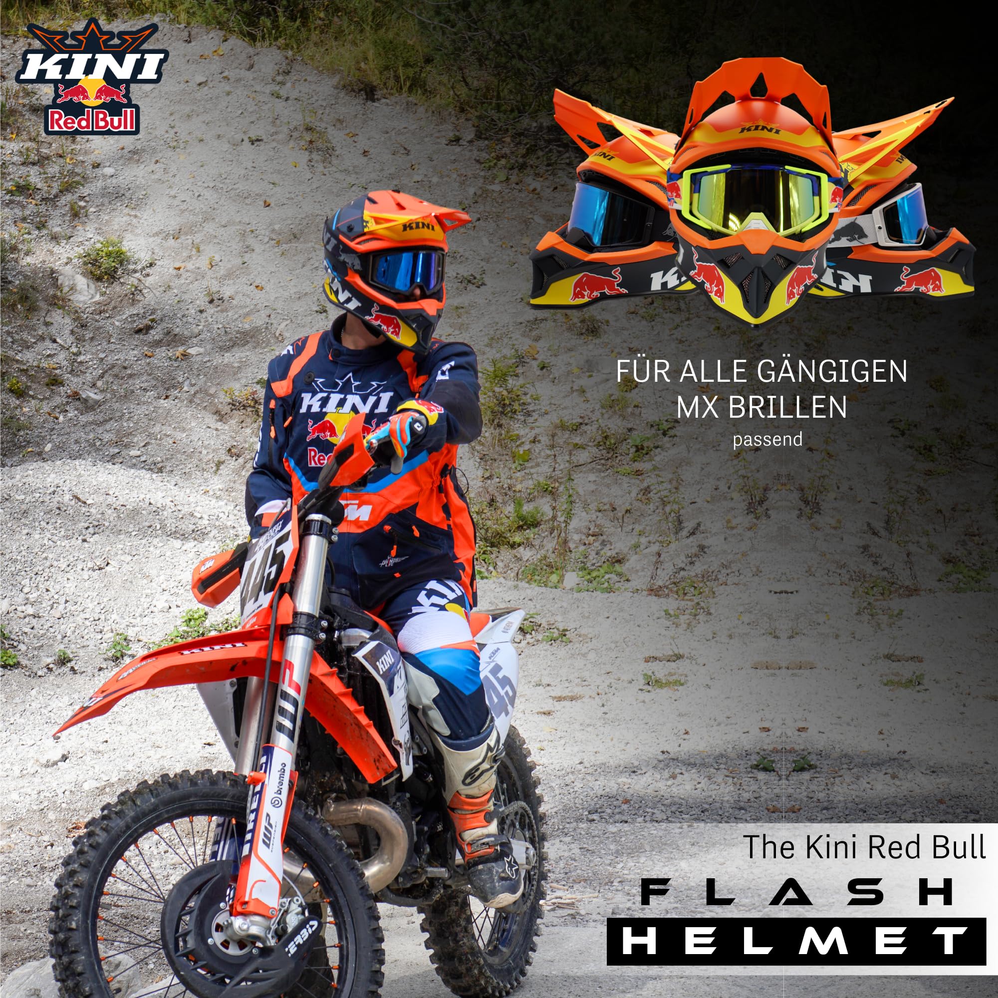 Kini Red Bull Motocross Helm Herren [Premium] Geprüfter Motorradhelm für Renneinsatz - Crosshelm als Enduro Helm Downhill Helm einsetzbar - Motocross Helm Brillenträger geeignet