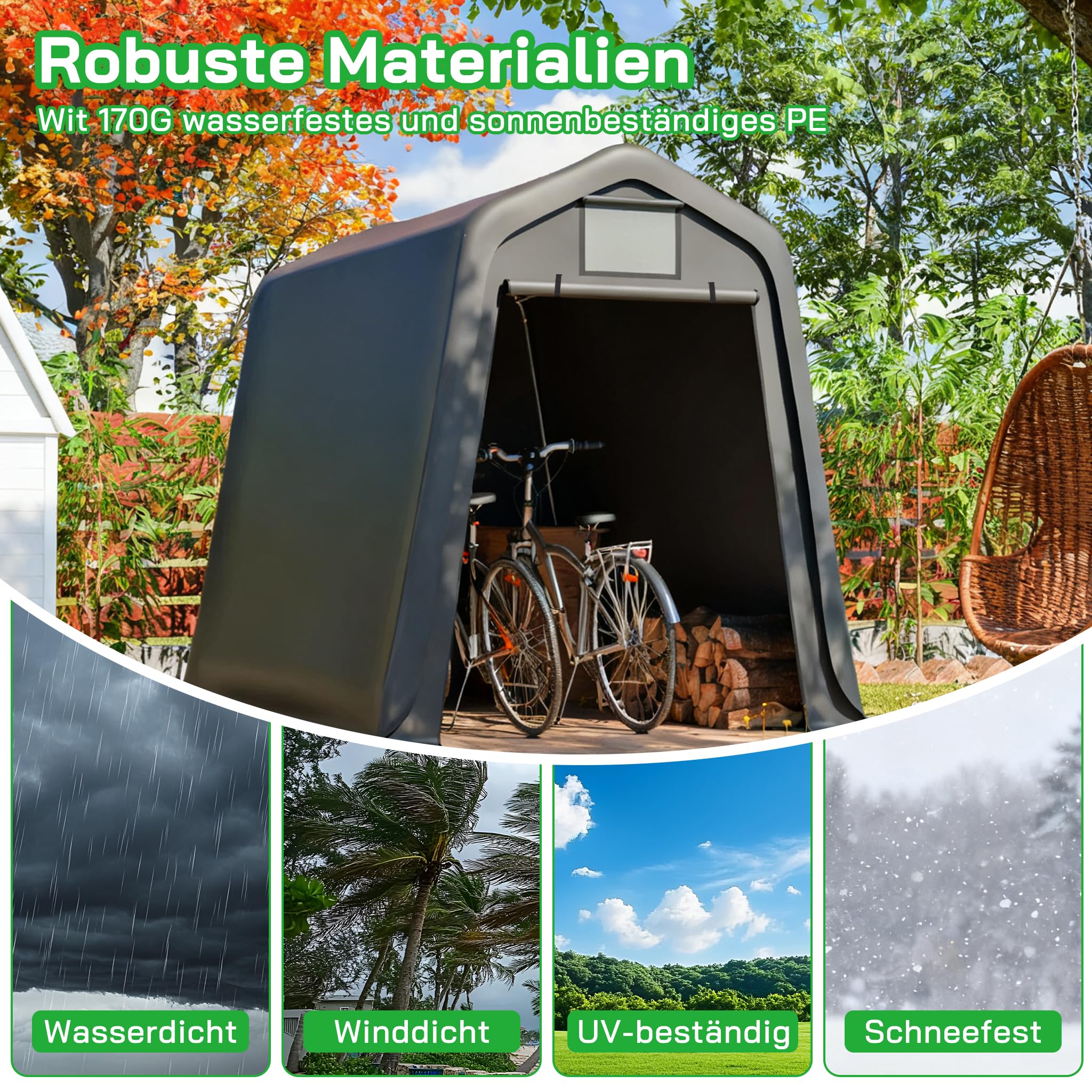 Aufbewahrungsschuppen PE 245x183x217 cm Grau mit Rollos | Wasserdichtes PE-Material, mit Rollos, UV- und windfest, als Gerätehaus oder Fahrradunterstand nutzbar