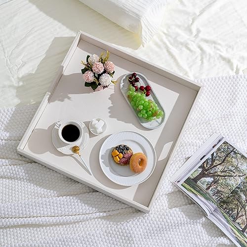 Miniatura 4 de Hanobe Bandeja otomana cuadrada grande bandeja blanca extra grande para otomanos, bandeja decorativa de cuero grande con asas para mesa de café,