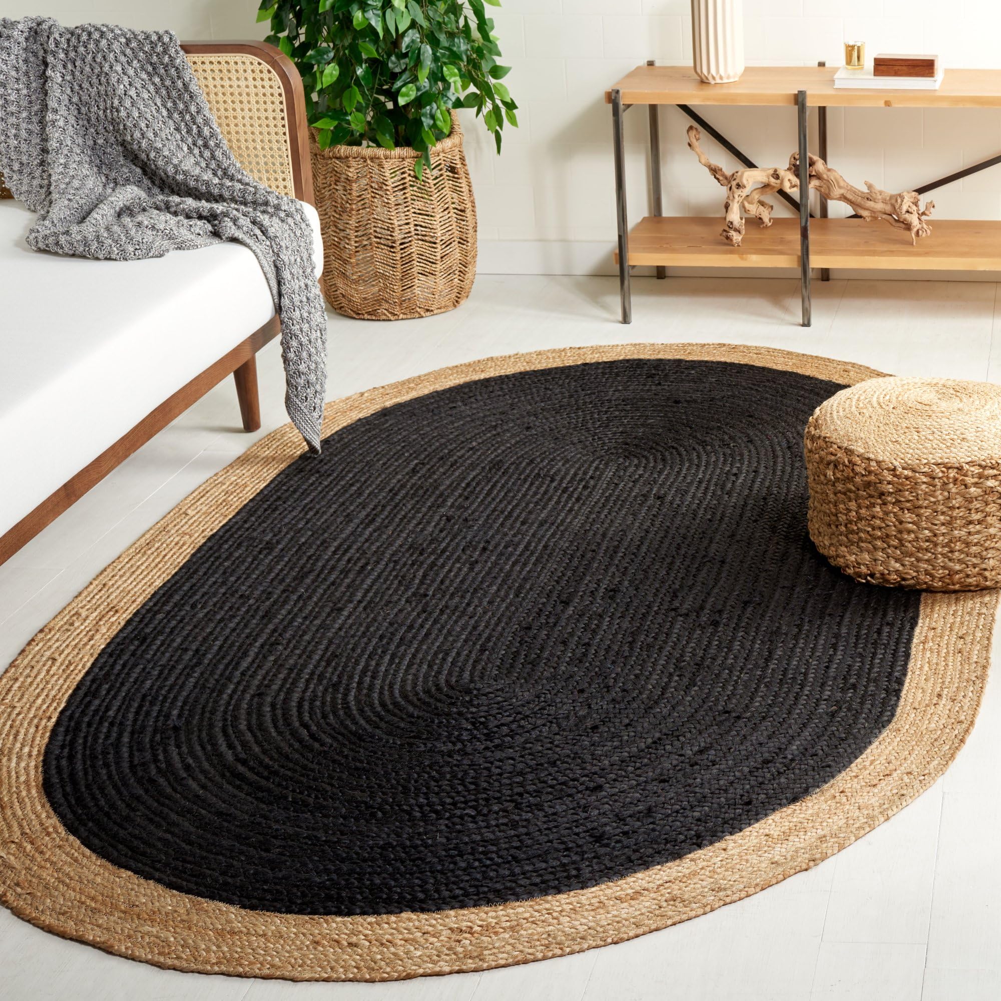 Trademoon Indian Handmade Braided Inner Black Natural Jute Area Rug, Jute Rug, Living Room, Bedroom, Doormat Rug Size - 2.3 x 4 Feet Oval (69 cm x 120 cm)