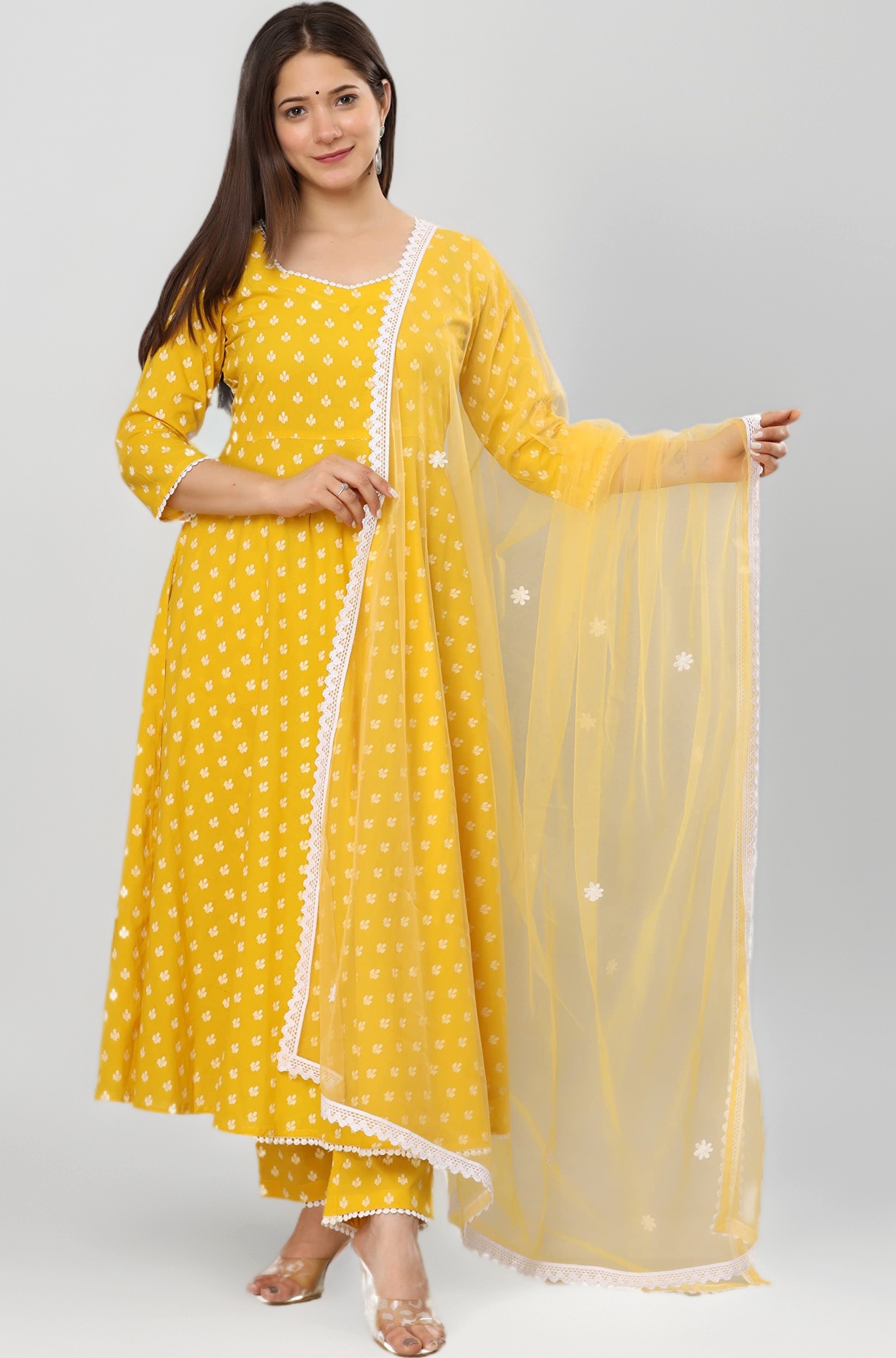 miss fame Women's Cotton Anarkali Kurta with Pants and Dupatta