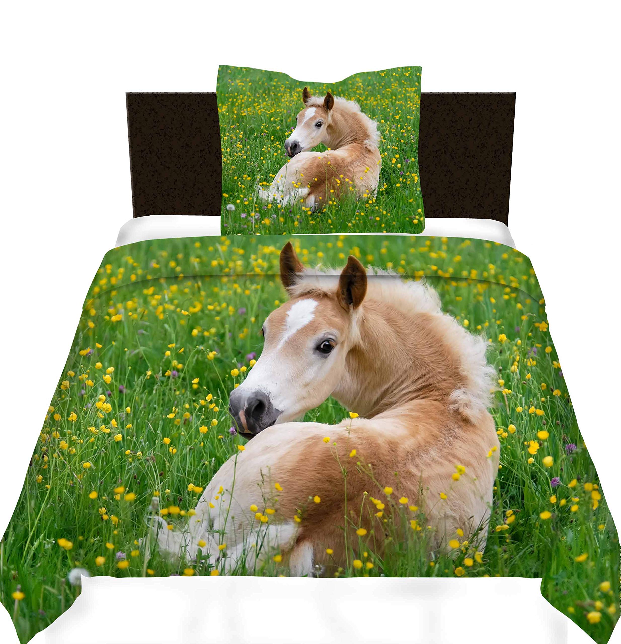 Housse de couette cheval 2 pièces avec taie d'oreiller lit simple enfant