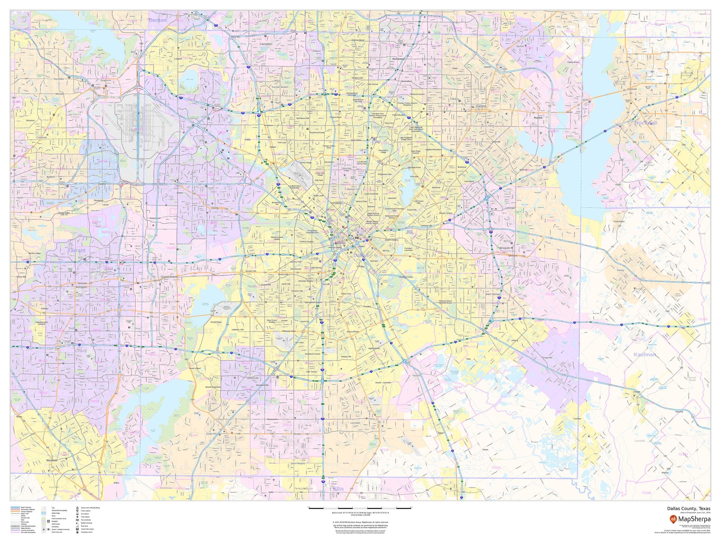Dallas County, Texas - 48" x 36" Paper Wall Map