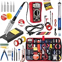 Plusivo 60W Adjustable Soldering Iron Kit with Digital Multimeter - 30-in-1 Electronics Repair Set, 5 Tips, Solder Wire, Tools & Carry Bag - US Plug