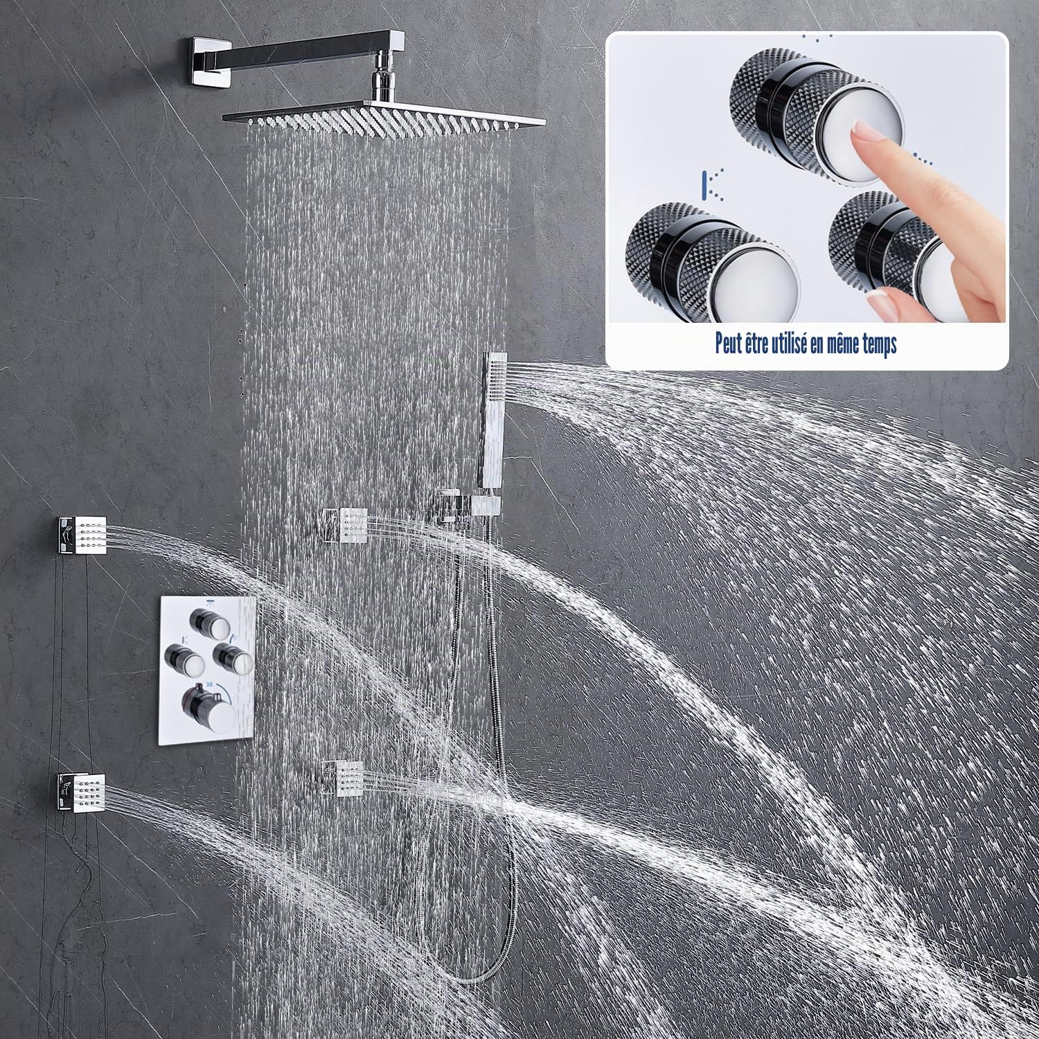 Mitigeur de douche thermostatique 3 voies dissimulé – Vanne inverseur chromée à 3 sorties avec bouton poussoir, débit et température réglables, fonctionnement simultané