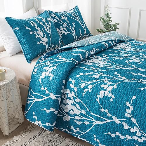 Miniatura 8 de Andency Juego de edredón de ramas King (106 x 96 pulgadas), 3 piezas (1 edredón con estampado floral y 2 fundas de almohada), juego de colcha