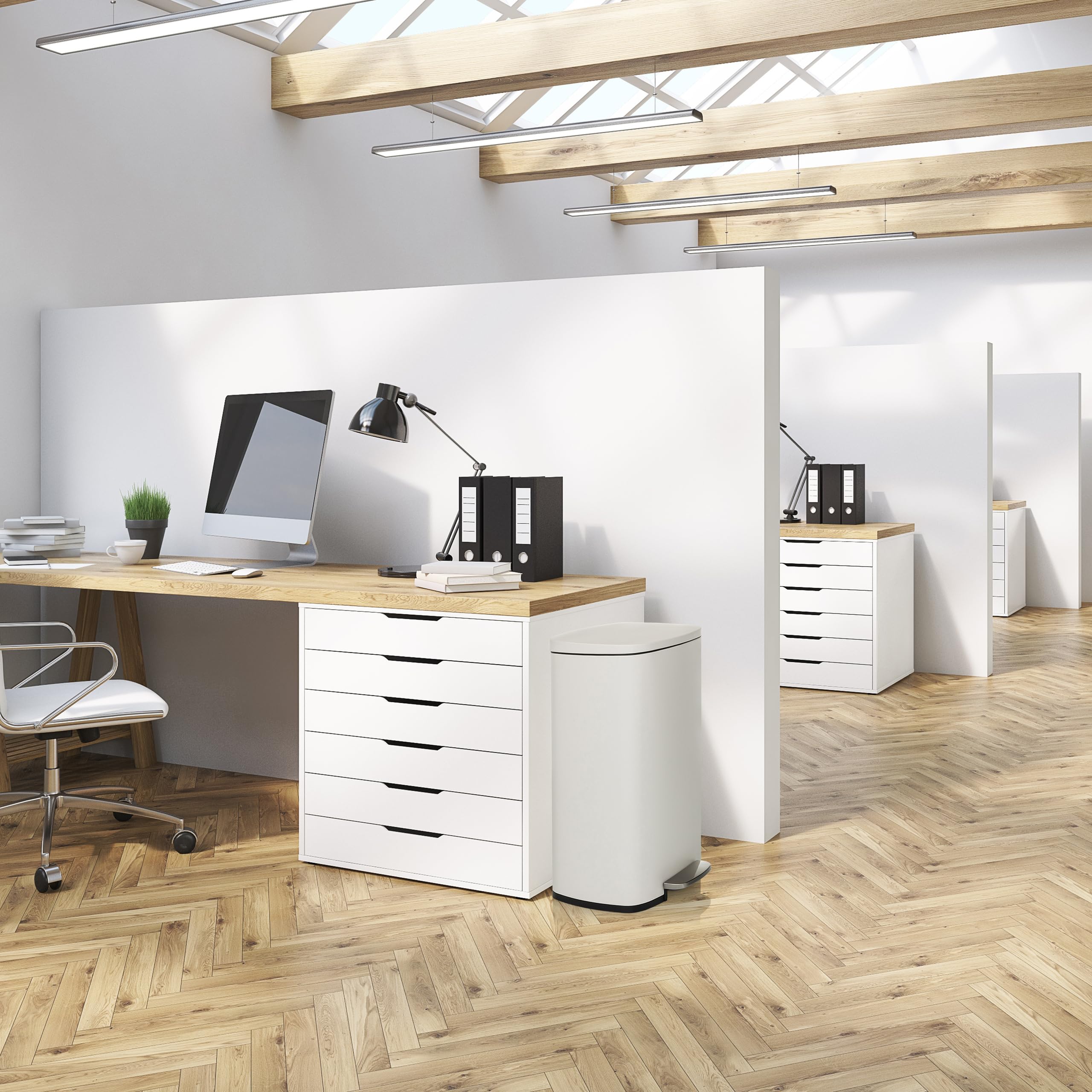 hjh OFFICE Cubo de basura 50L, cubo de pedal con tapa, cierre suave CLEAN XV cubo de basura de acero con cubo interior, para cocina, oficina, beige, 64x30x42,5 cm