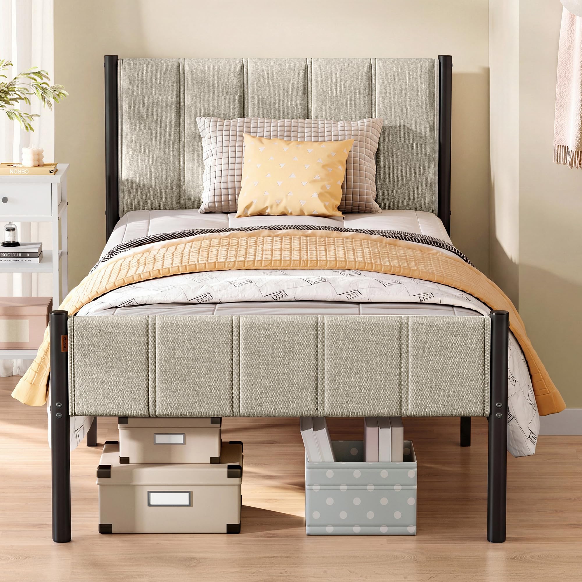 VASAGLE Single Bed Frame, 90 x 190 cm, with Upholstered Headboard, Metal Bed Frame, 250 kg Weight Capacity, Easy Assembly, Cappuccino Beige RMB971LH01V1