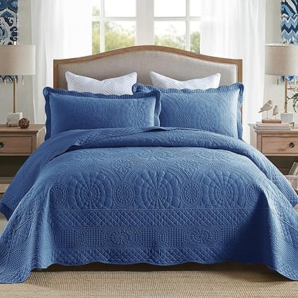 MarCielo 3-Piece 100% Cotton Oversized Bedspread Lightweight Quilt Coverlet Embroidery Farmhouse Bedding Set (Tf Midtone Blue, Oversized King (118"x106"))