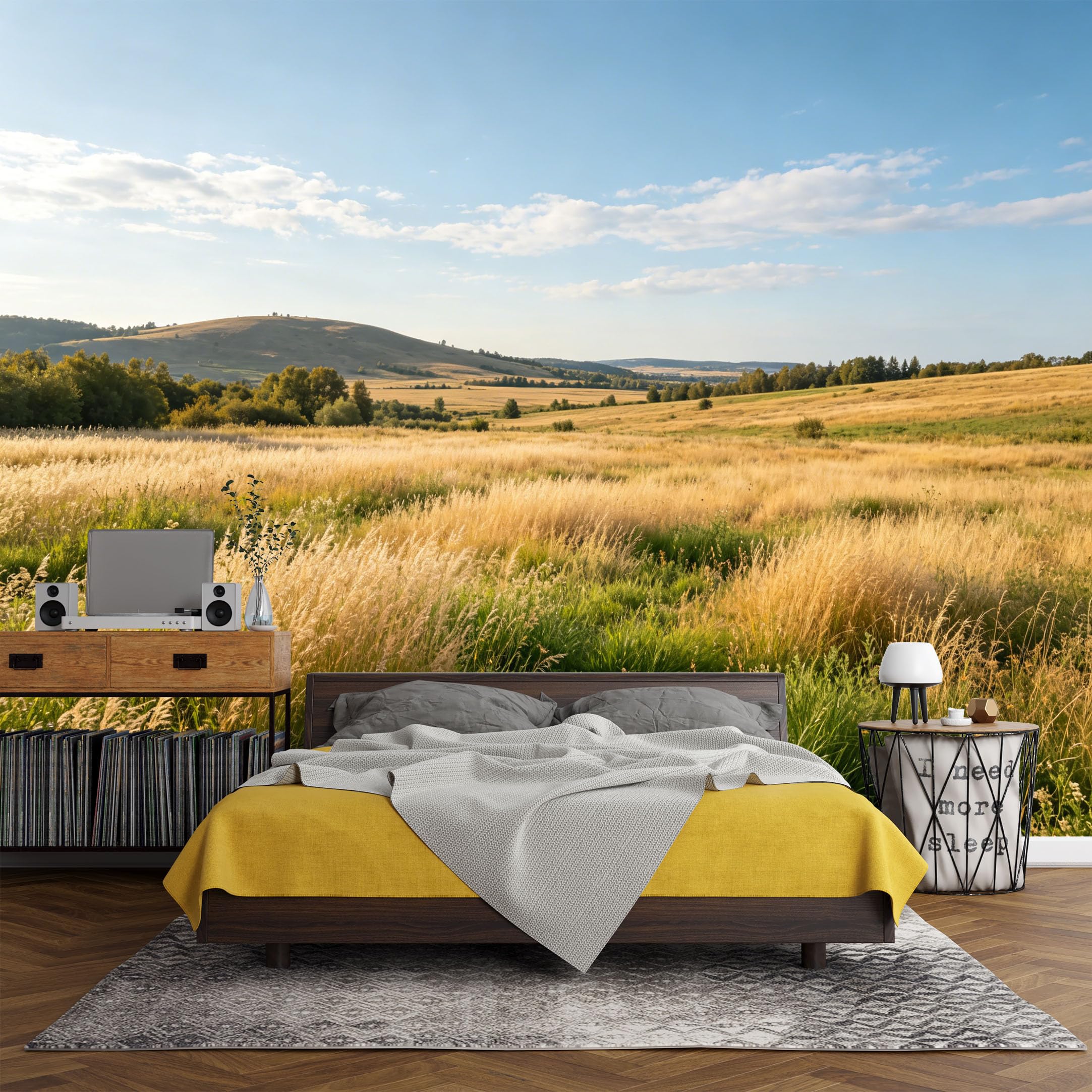 Custom Size Wall Mural， Landscape Golden Meadow Hillside Sunset Sky， SelfAdhesive Art Prints wall Fabric (No PVC) Removable Wallpaper Living Room Decor