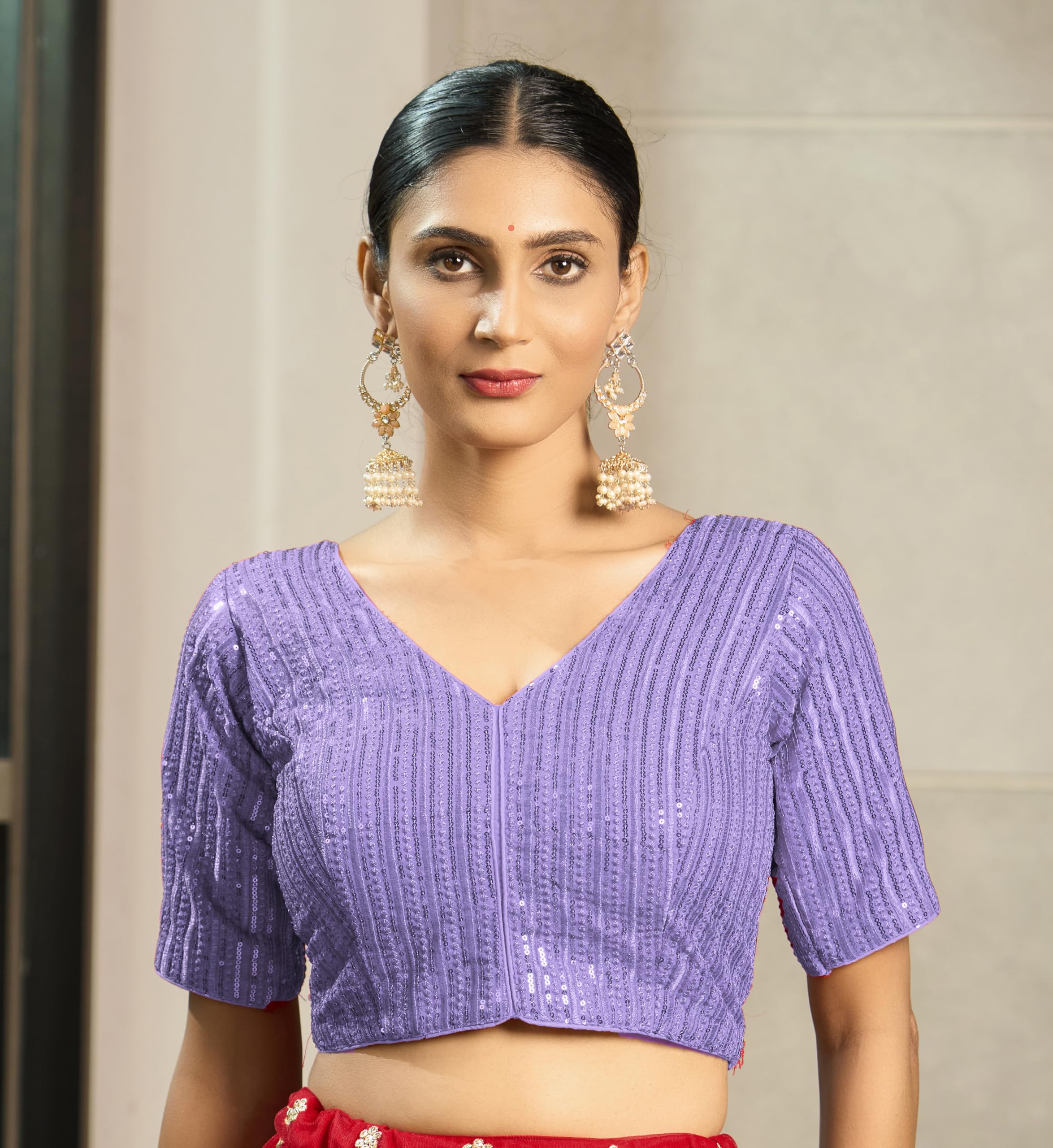 Pujia Mills Women's Indian Ethnic Wear Designer Silver Sequence With Matching Embroidered Work V Neck Half Sleeve Readymade Padded Saree Blouse Readymade Unique Levender Color Saree Blouse