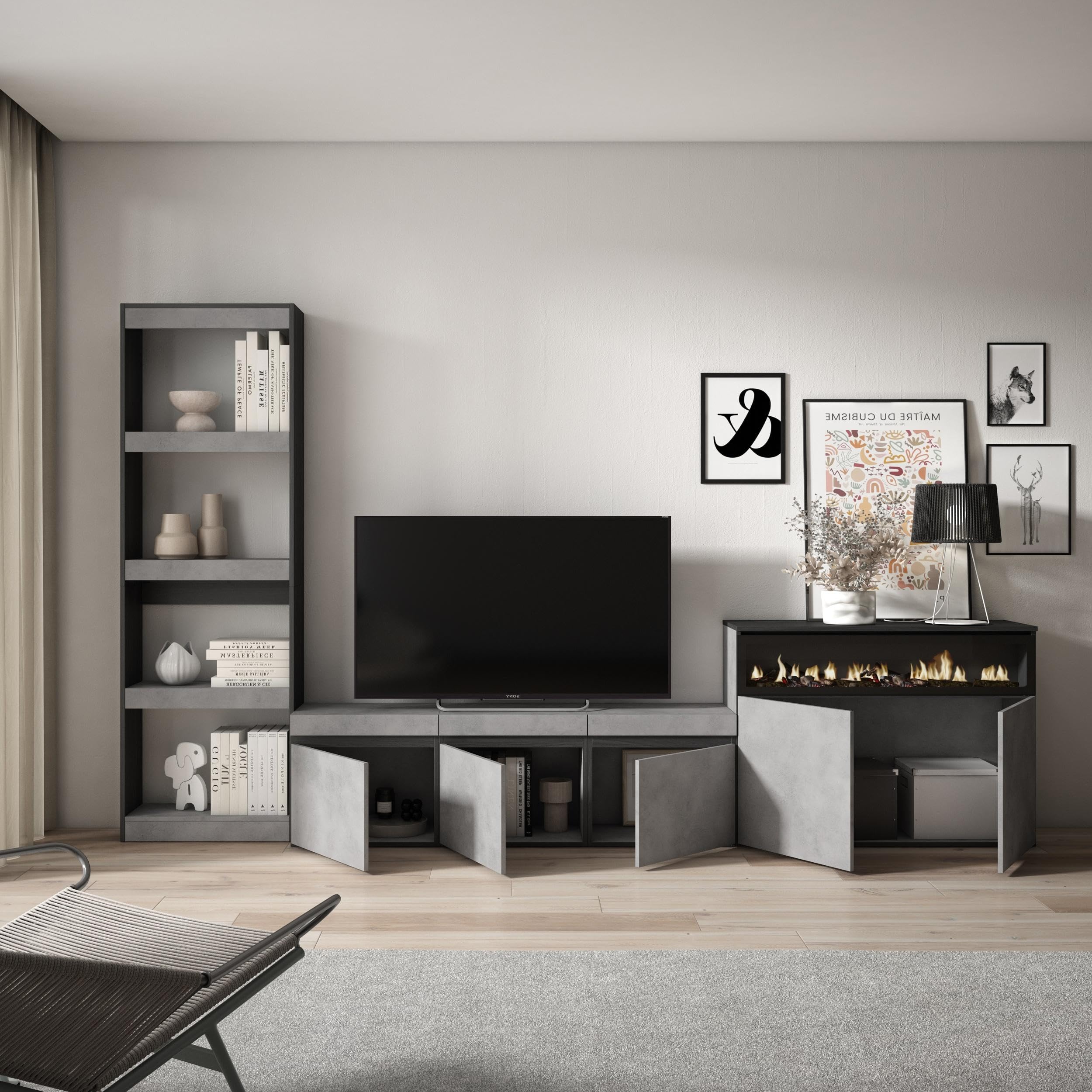 Skraut Home | Muebles de Salón para TV | Conjunto de Muebles Comedor | 310x186x35cm | para TV hasta 65" | Chimenea eléctrica | Estilo Moderno | Cemento