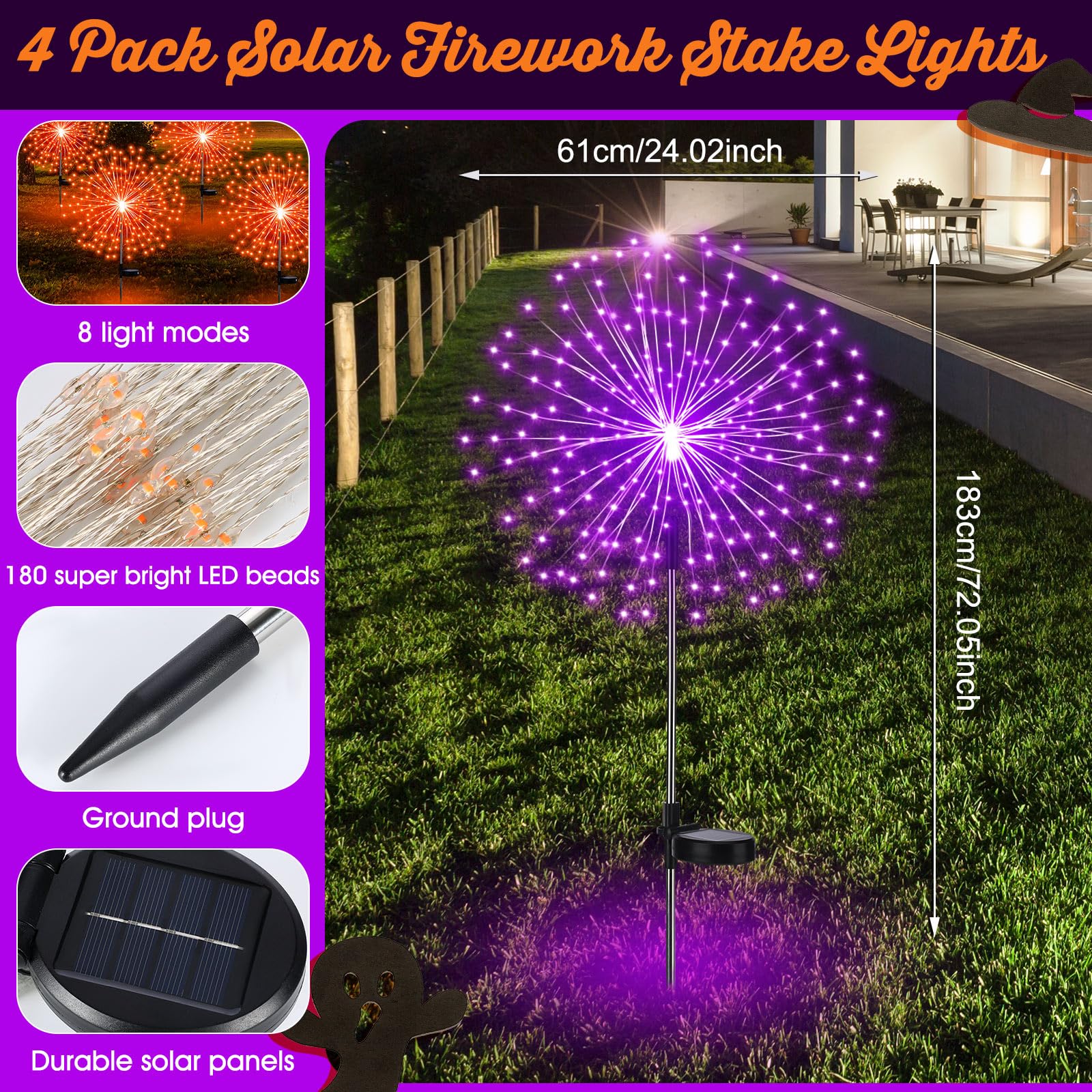 Tujoe Solar-Feuerwerk-Lichter, 180 LEDs, 8 Modi, wasserdicht, für den Außenbereich, Dekoration für Halloween, Weihnachten, Urlaub, Garten, Terrasse, Hof, Weg, Gehweg, Orange, Lila, 6 Stück