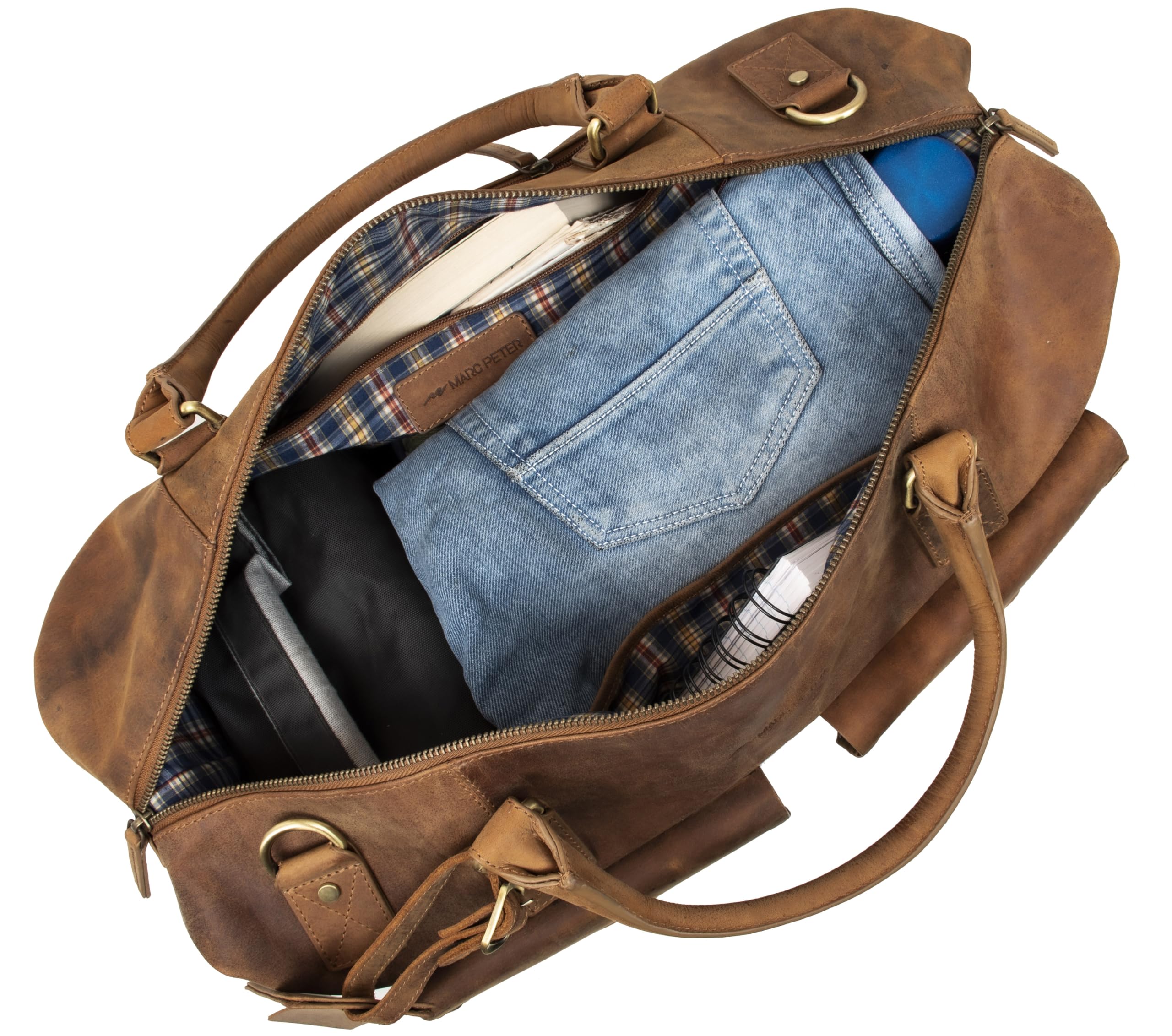 Marc Peter® Keneddy Reisetasche | Herren Vintage Bräune Leder Weekender zum Umhängen Overnight Duffle Bag | Echtes Buffleder Großes XL Reisegepäck Tasche fur Herren und Damen
