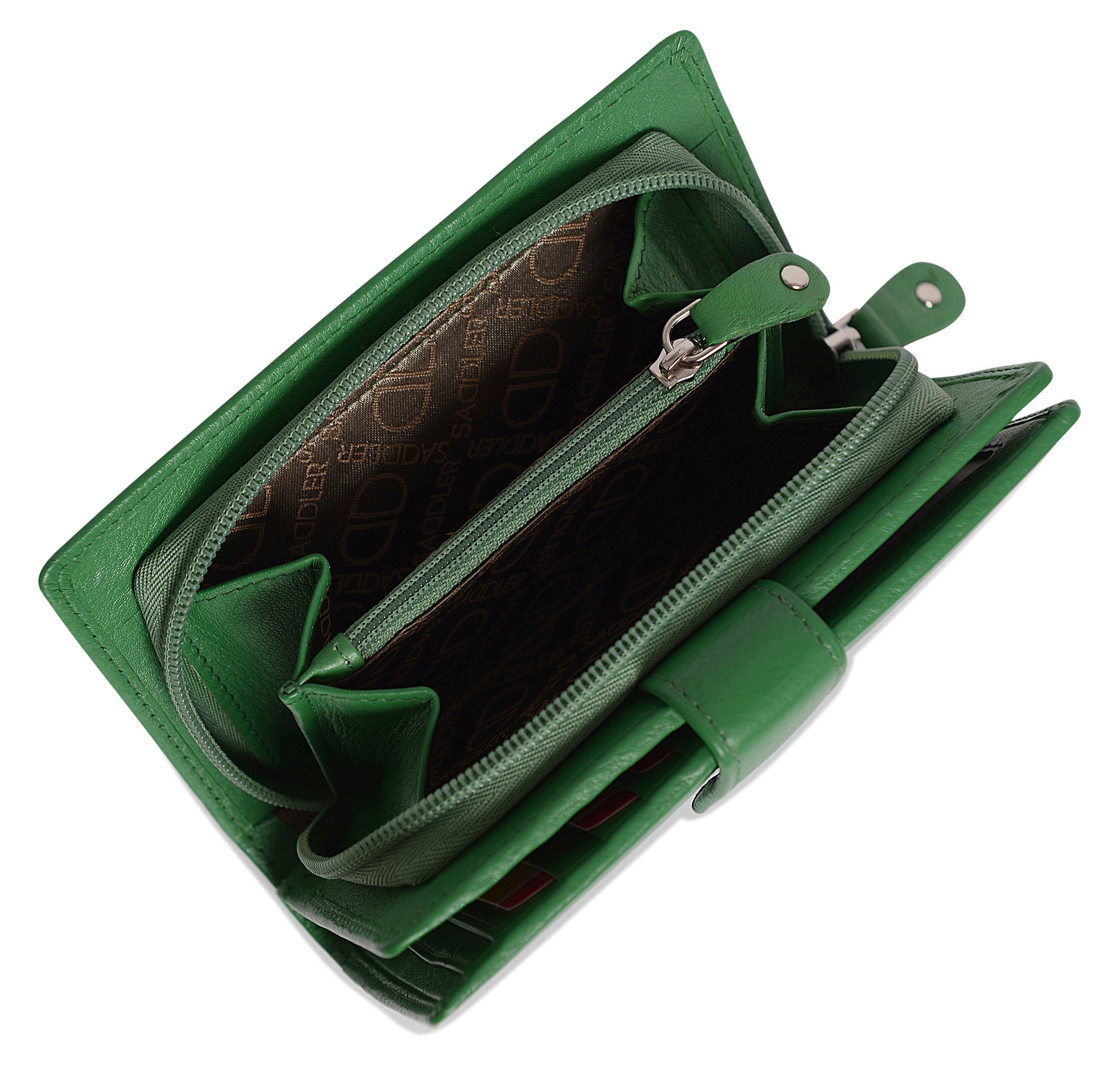 SADDLER Billetera de Cuero Real de 14cm con Cierre de Boton a Presion y Monedero Atrás con Cremallera de 3 Vias
