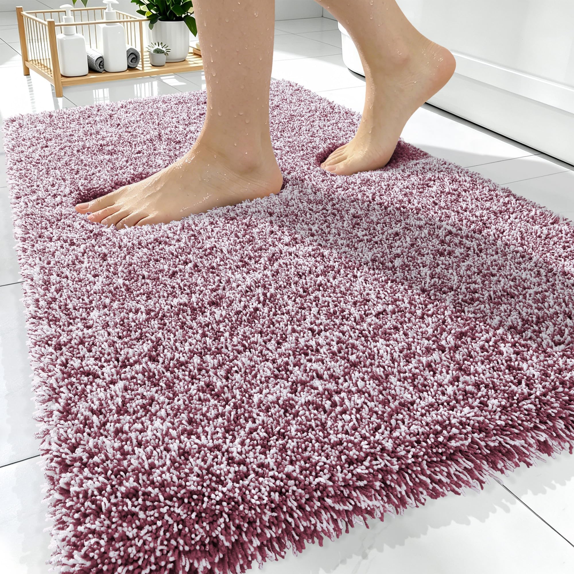 OLANLY Microfiber Bathroom Rugs 30x20, Quick Dry Mat, Burgundy and White