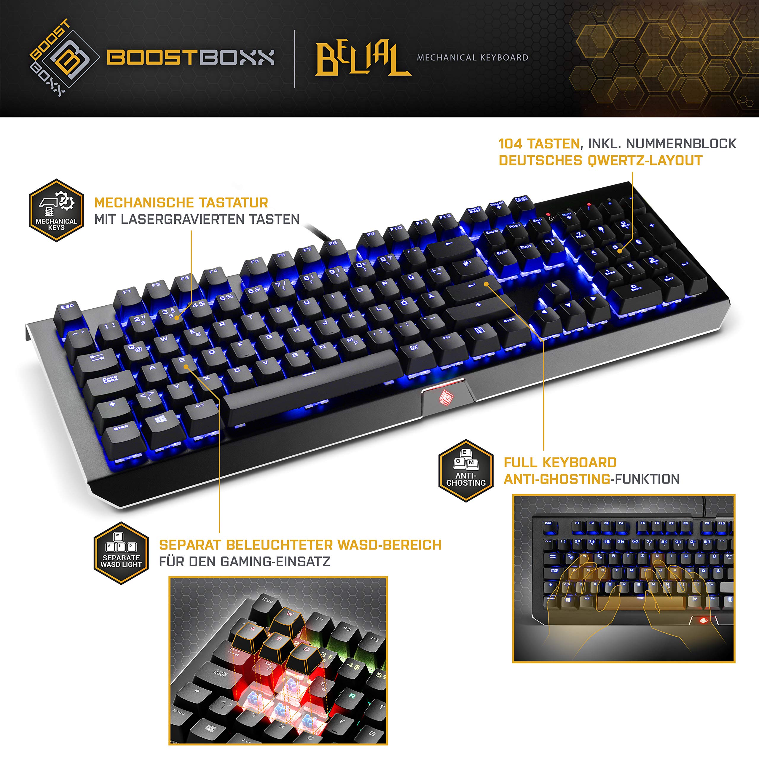 BoostBoxx Belial - mechanische Gaming-Tastatur mit LED-Beleuchtung | RGB | schwarz | QWERTZ-Tastenlayout | Anti-Ghosting