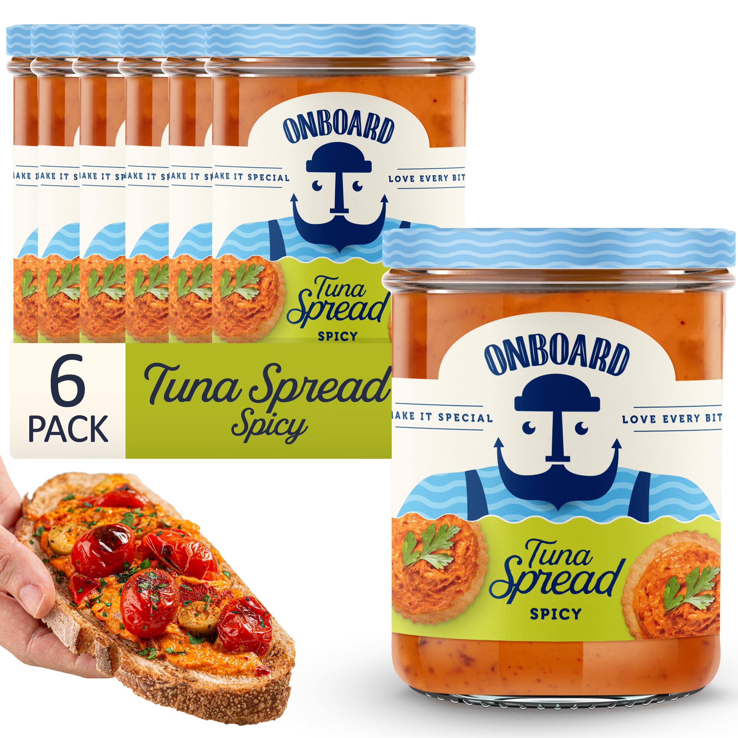 ONBOARDYellowfin Spicy Tuna Spread - 6 Pack 7.1oz Jars - Irresistible High-Protein Snack, Wild-Caught Tuna - For Sandwiches, Chip Dips & Healthy Indulgences for Weight Loss Recipe - Dolphin Safe