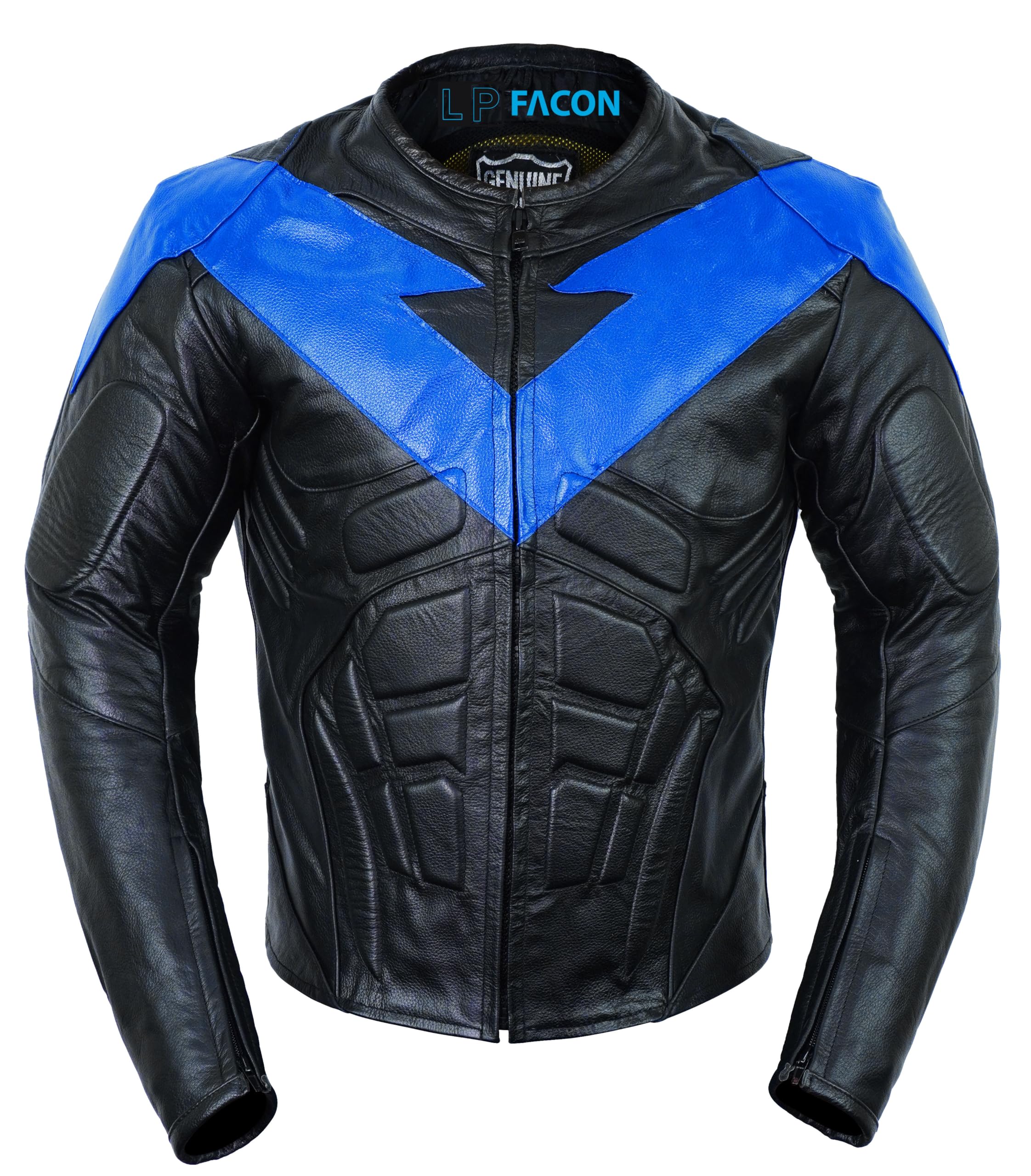 LP-FACON Nigth Wing Motorcycle Jacket Men - Black & Blue Protective Motorcycle Leather Jacket - Biker Armor Motorbike Padded Jacket Costume