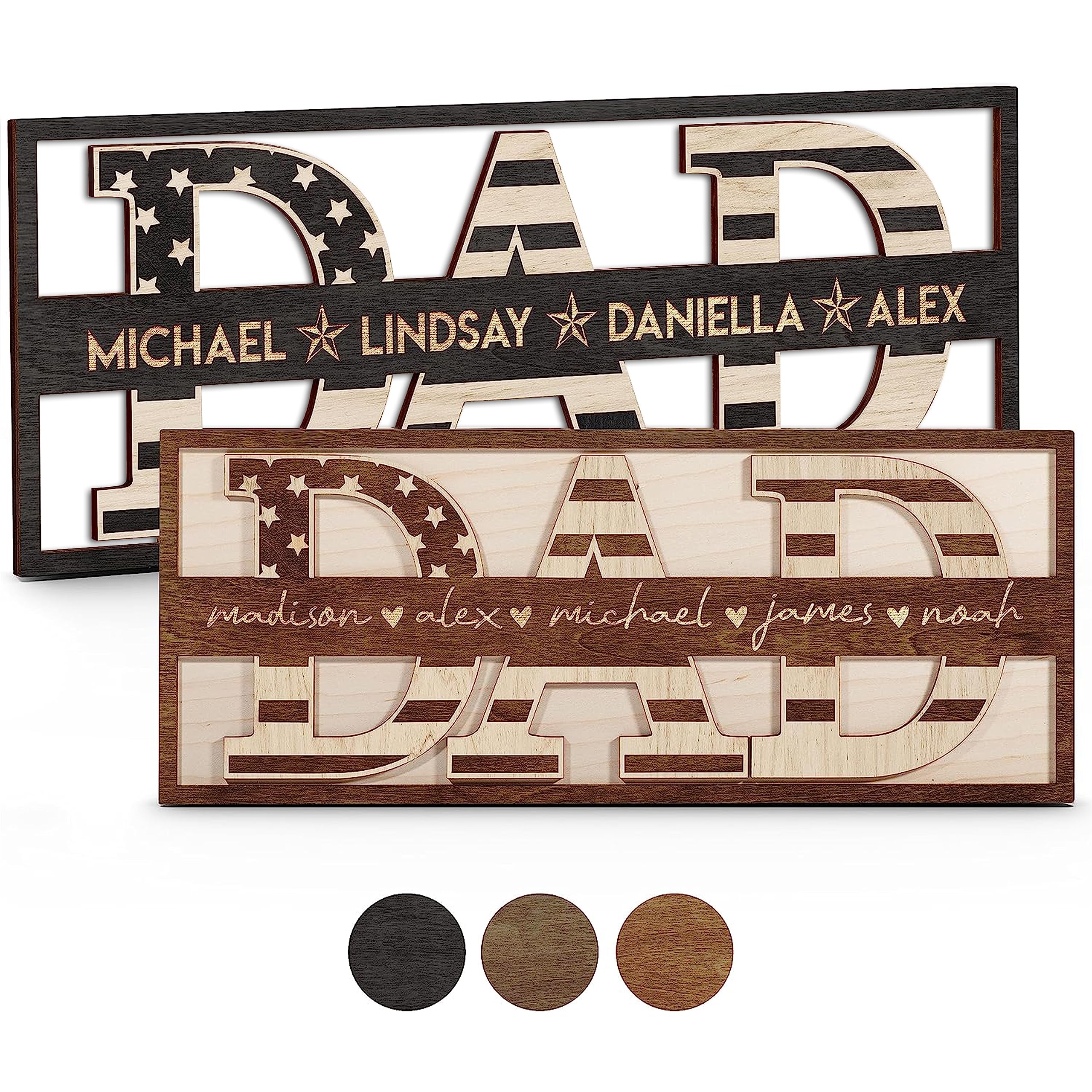 US Flag Themed, Personalized Dad Sign with Children Names - 4 Colors, 2 Sizes - Customized Dad Wood Wall Sign Decor, Gifts for Dad from Kids