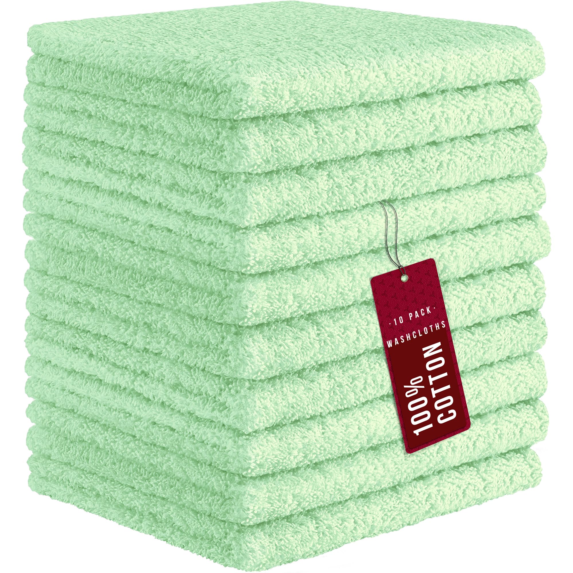 DecorRack 10 Pack 100% Cotton Wash Cloth, Luxurious Soft, 12 x 12 inch Ultra Absorbent, Machine Washable Washcloths, Mint Green (10 Pack)