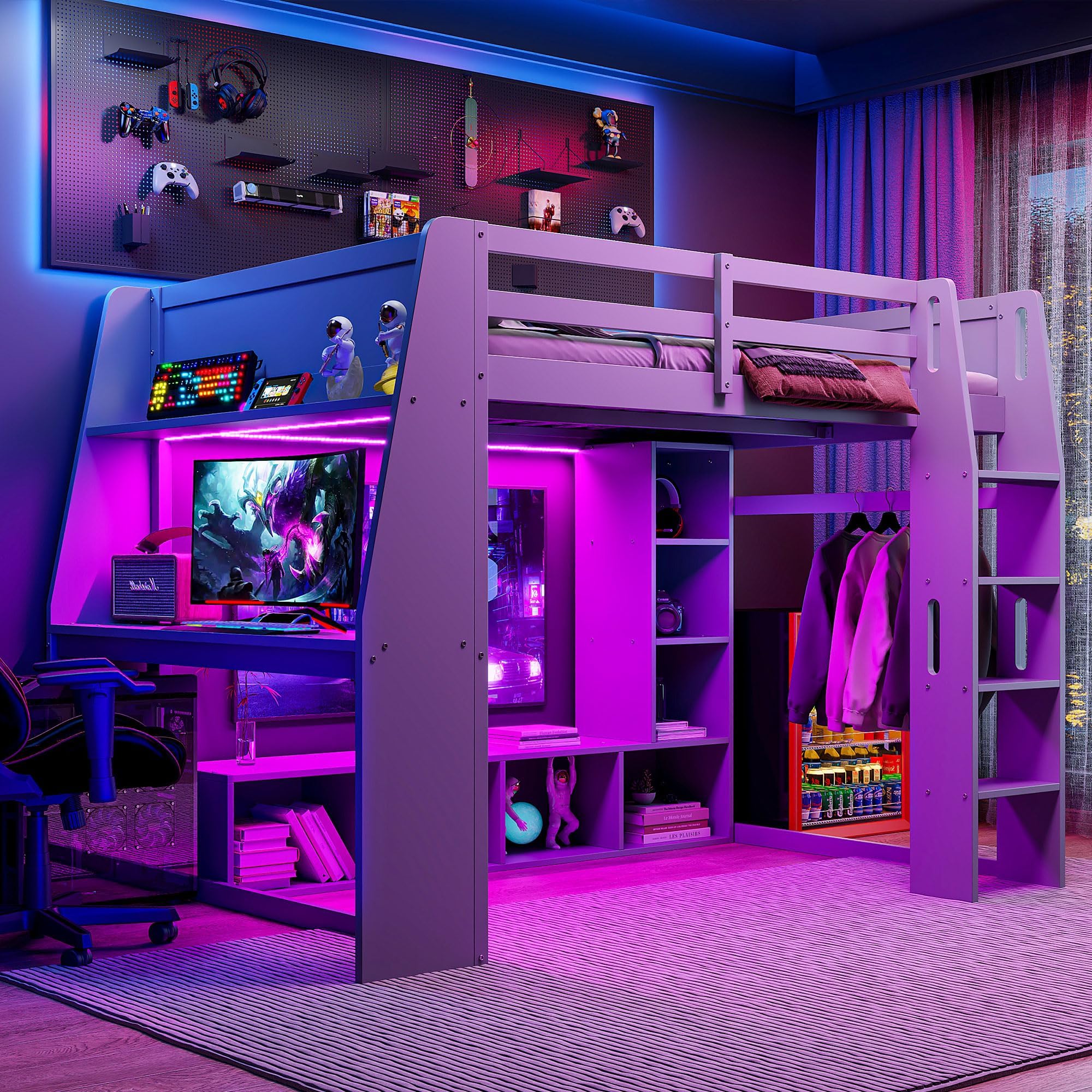SOFTSEA Full Size Gaming Loft Bed with Desk and LED Lights, Wood Loft Bed Frame with Storage Shelves, Hanging Rack, Esports Gaming Loft Bed with Under Bed Space for Kids Adults Gamers, Grey