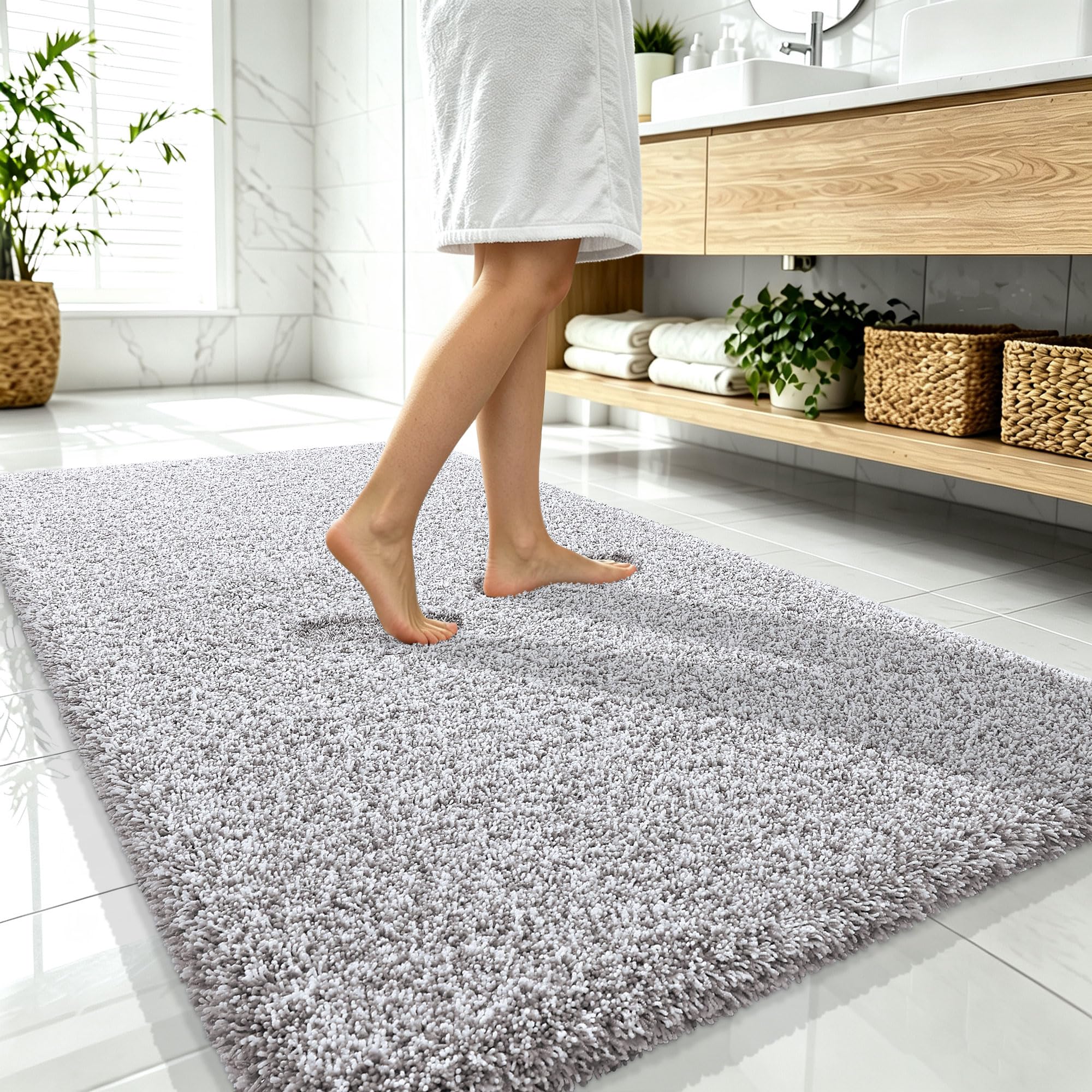 OLANLY Microfiber Bath Rugs - Deep Rose & White -23