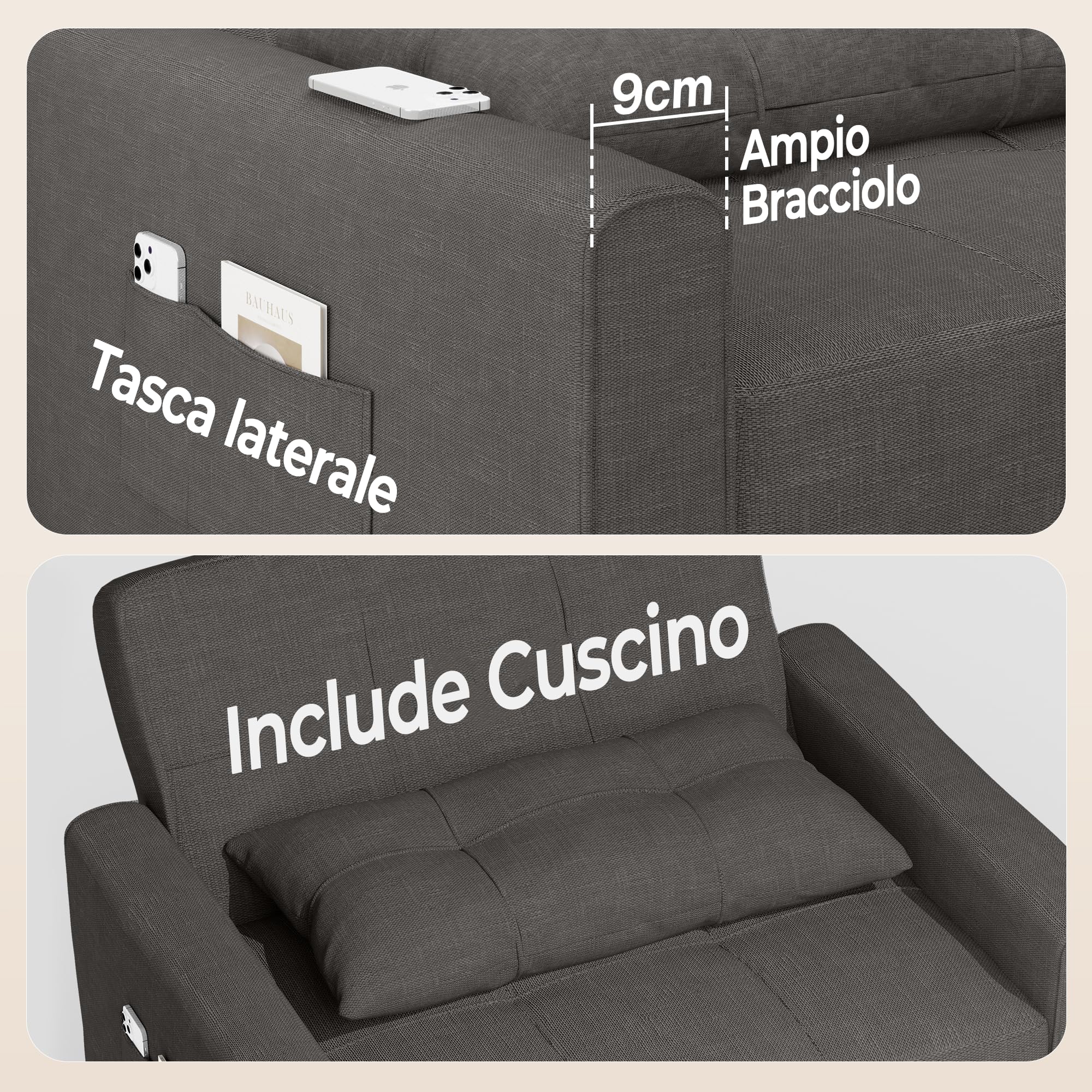 Bealife Poltrona relax,Poltrona letto con schienale regolabile, Poltrona Letto Singolo, Poltrona reclinabile per soggiorno, camera da letto, balcone e ufficio(grigio scuro)
