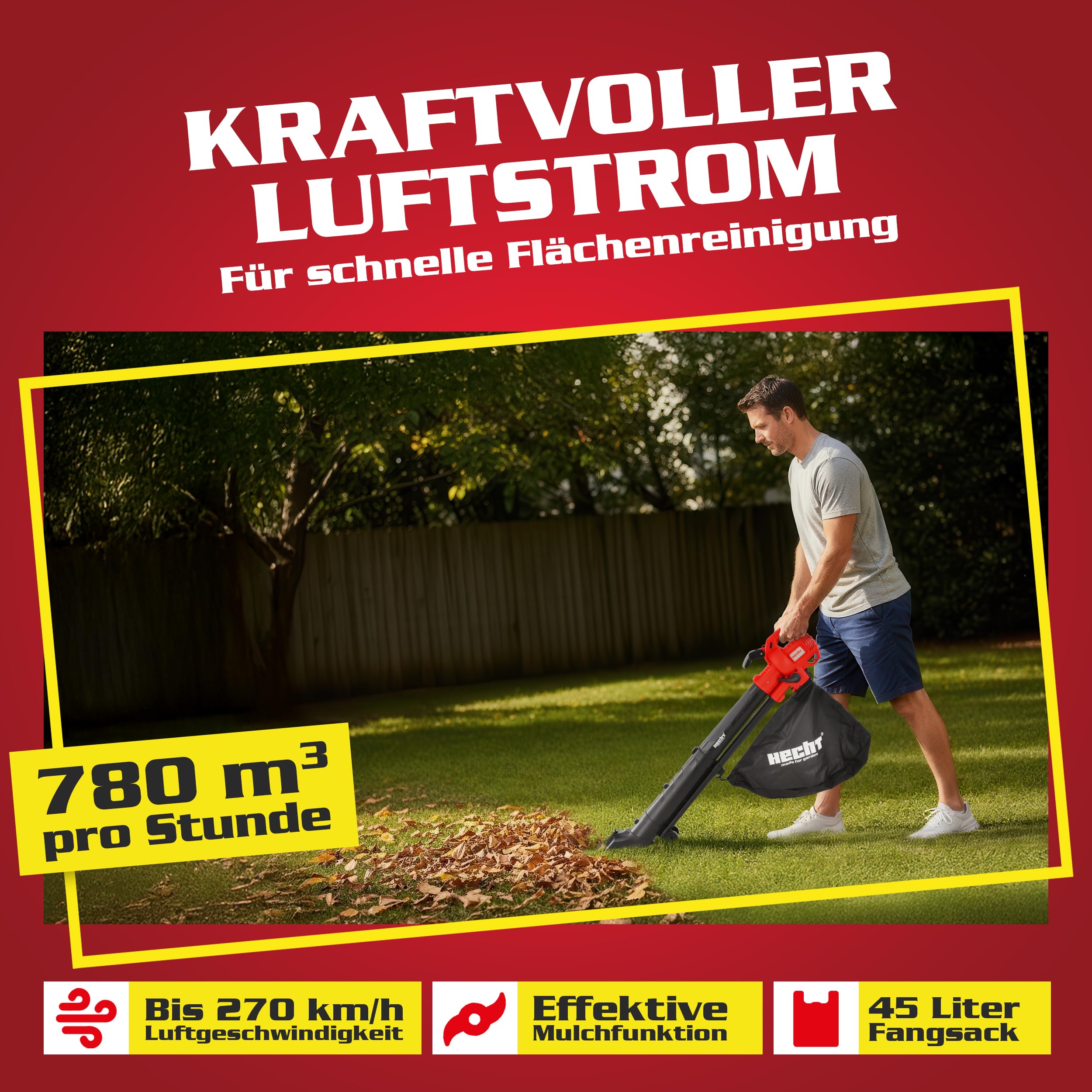 Hecht Elektro Laubsauger 3300 W 45 L mit Häcksler 10:1 | 270 km/h, 3,2 kg, Garten-Laubsauger mit Rädern und Tragegurt, großer Fangsack für Laubarbeiten
