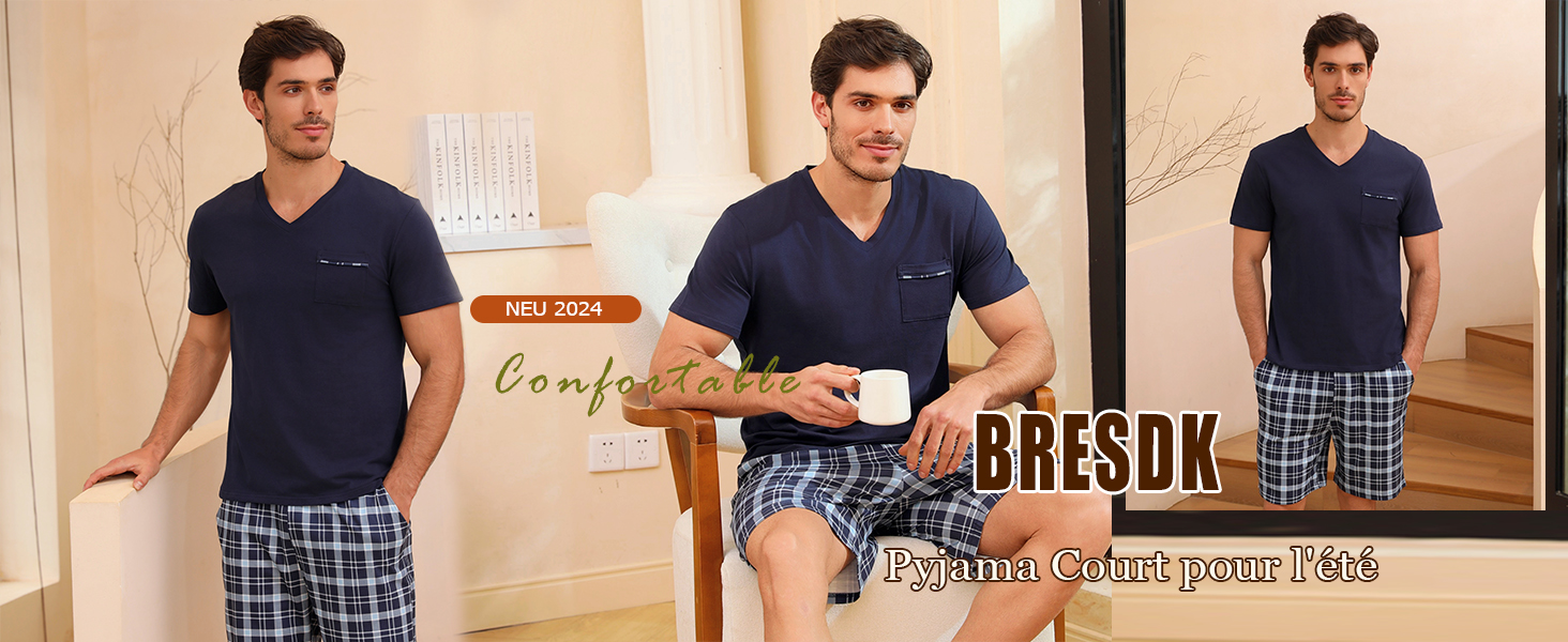 Chemise De Nuit Homme En Coton - Manches Courtes, Avec Poches Et Boutons, Design Color-block | Pyjama Léger Et Respirant Pour L'été