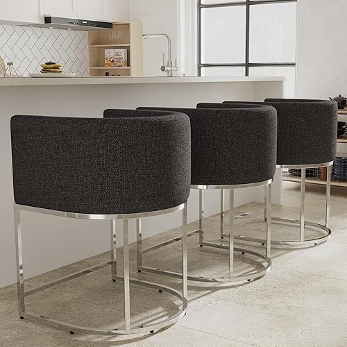 Miniatura 65 de Juego de 4 taburetes de bar contemporáneos de lino color crema, de 32 pulgadas, de tela tapizada, altura de mostrador, taburetes de cocina con base