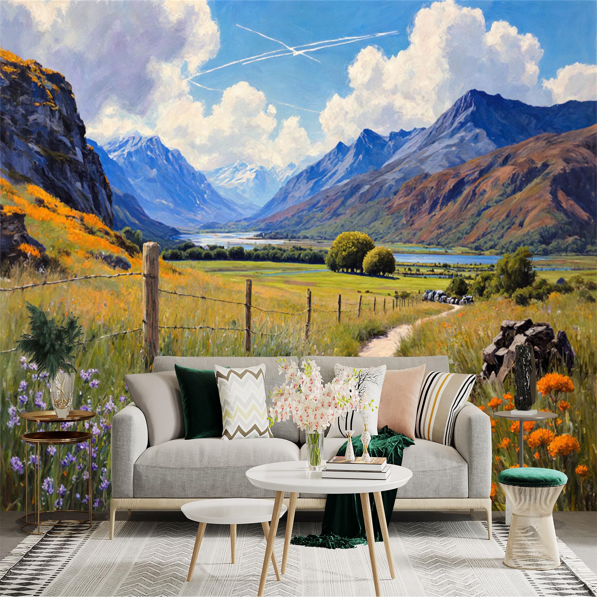 Lnzczhyre Xc260505561 Custom Size Wall Sticker Mural， Scenic Mountain Landscape， Rolling Hills And Wildflower Meadow， Peaceful Countryside Path， For Wall Decoration， Peelandstick Wall Decals.