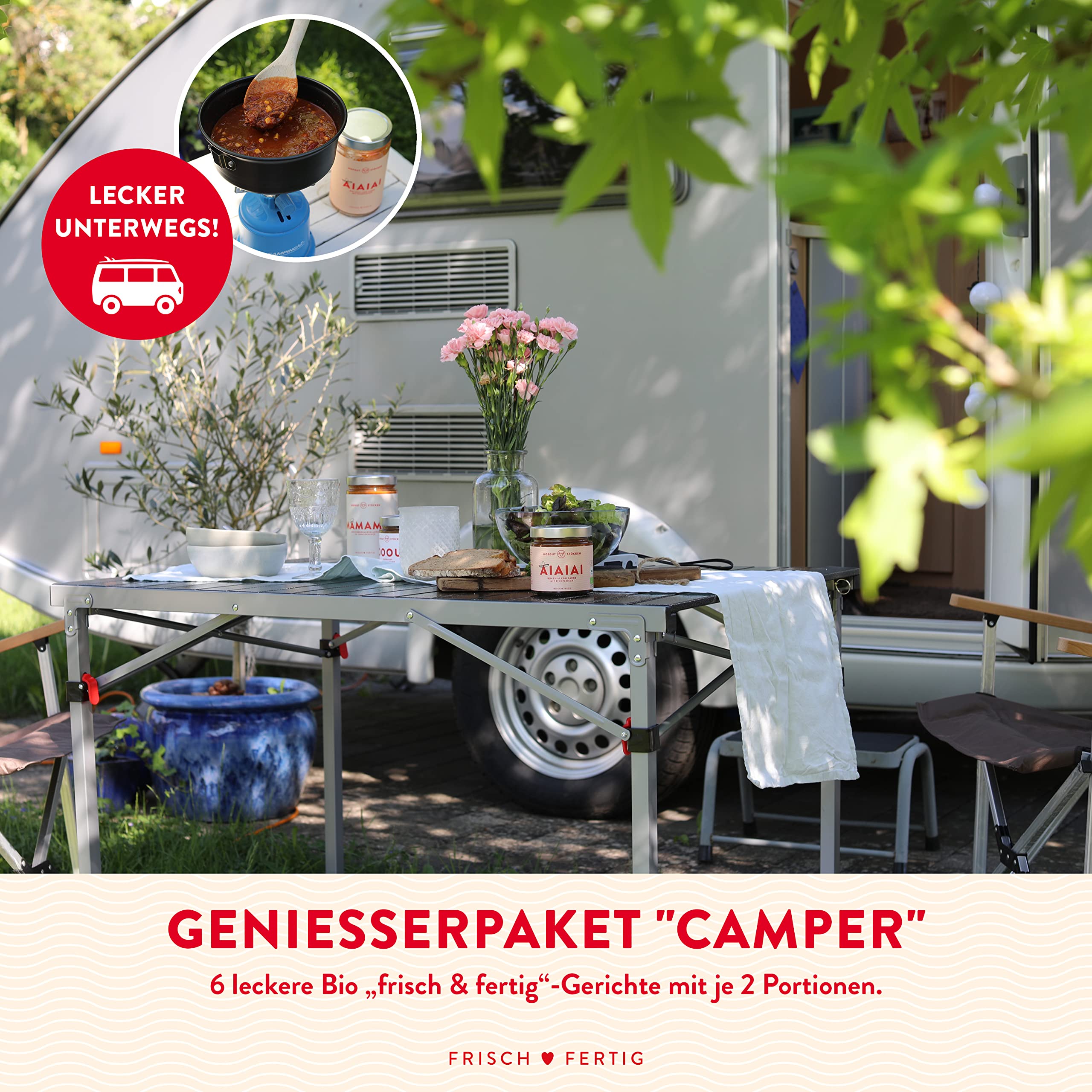 Hofgut Stöcken | Genießerpaket "Camper" vom Testsieger | 6x 620ml Bio-Fertiggerichte im Glas |Bio-Pizzasuppe|Bio-Käsesuppe|Bio-Gulaschsuppe|Bio-Rahmgeschnetzeltes|Bio-Chili con Carne|Bio-Bolognese