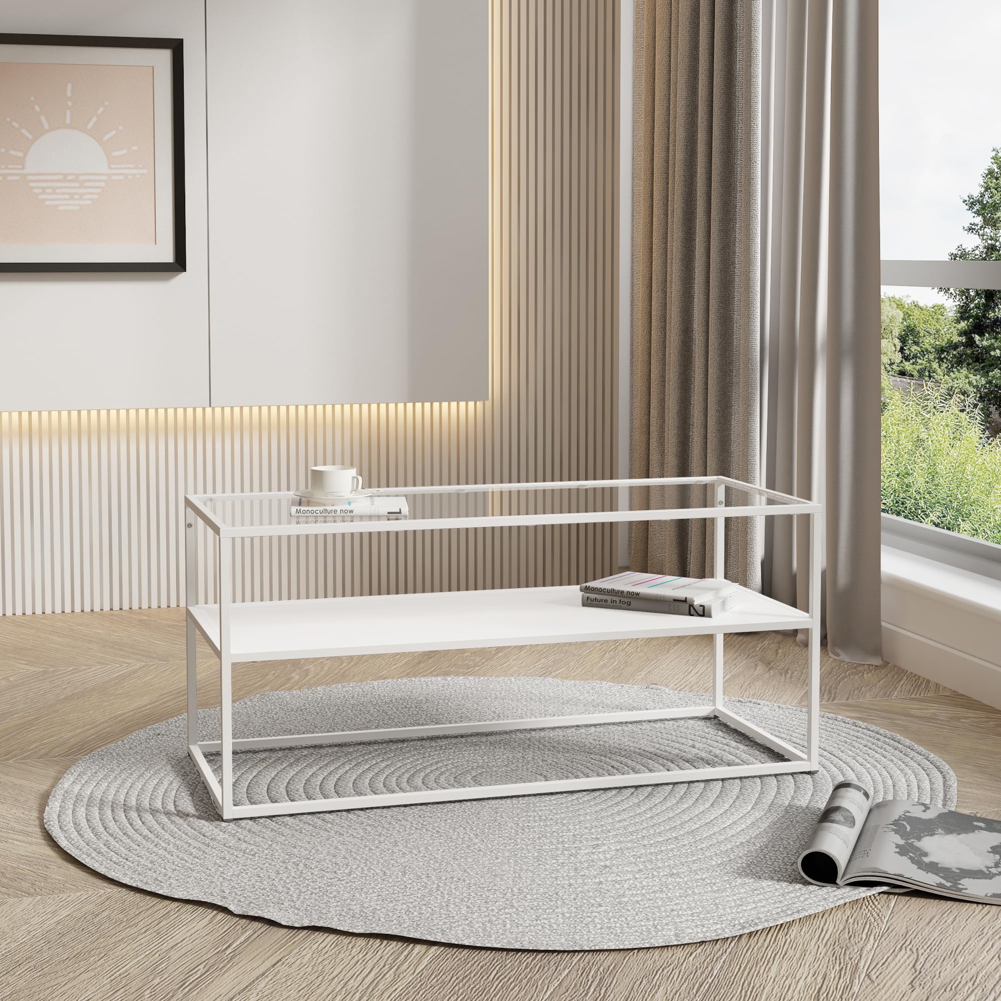 [en.casa] Mesa de Centro Solund Rectangular con 1 Estante Diseño Industrial Mesa Baja para Salón Sala de Espera Tablero de Cristal Templado Acero 102 x 43 x 46 cm - Blanco Mate