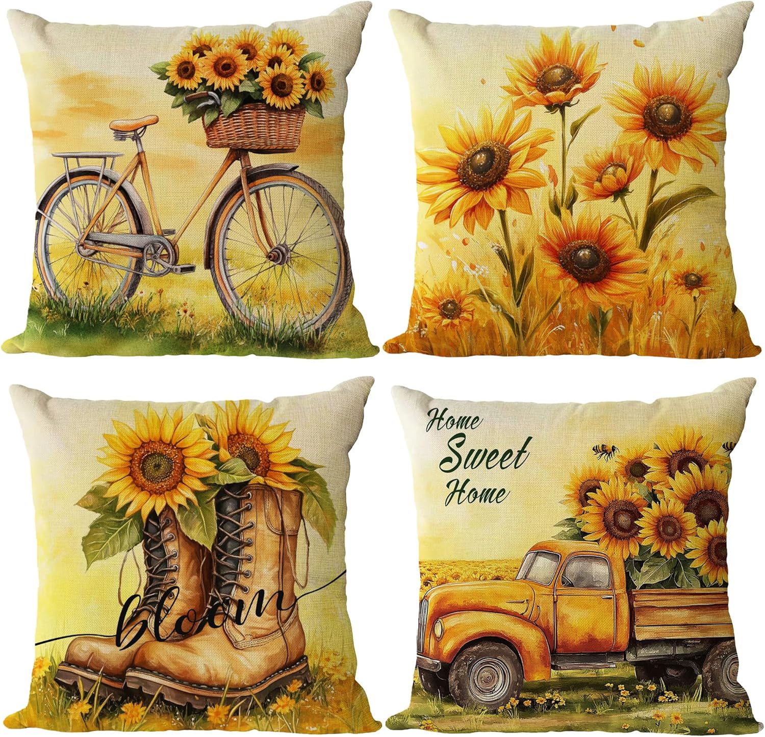 YeeJu Set of 4 Sunflower Decorative Throw Pillow Covers Square Cotton Linen Summer Cushion Covers Floral Plant Outdoor Couch Sofa Home Pillow Cases 20x20 Inch