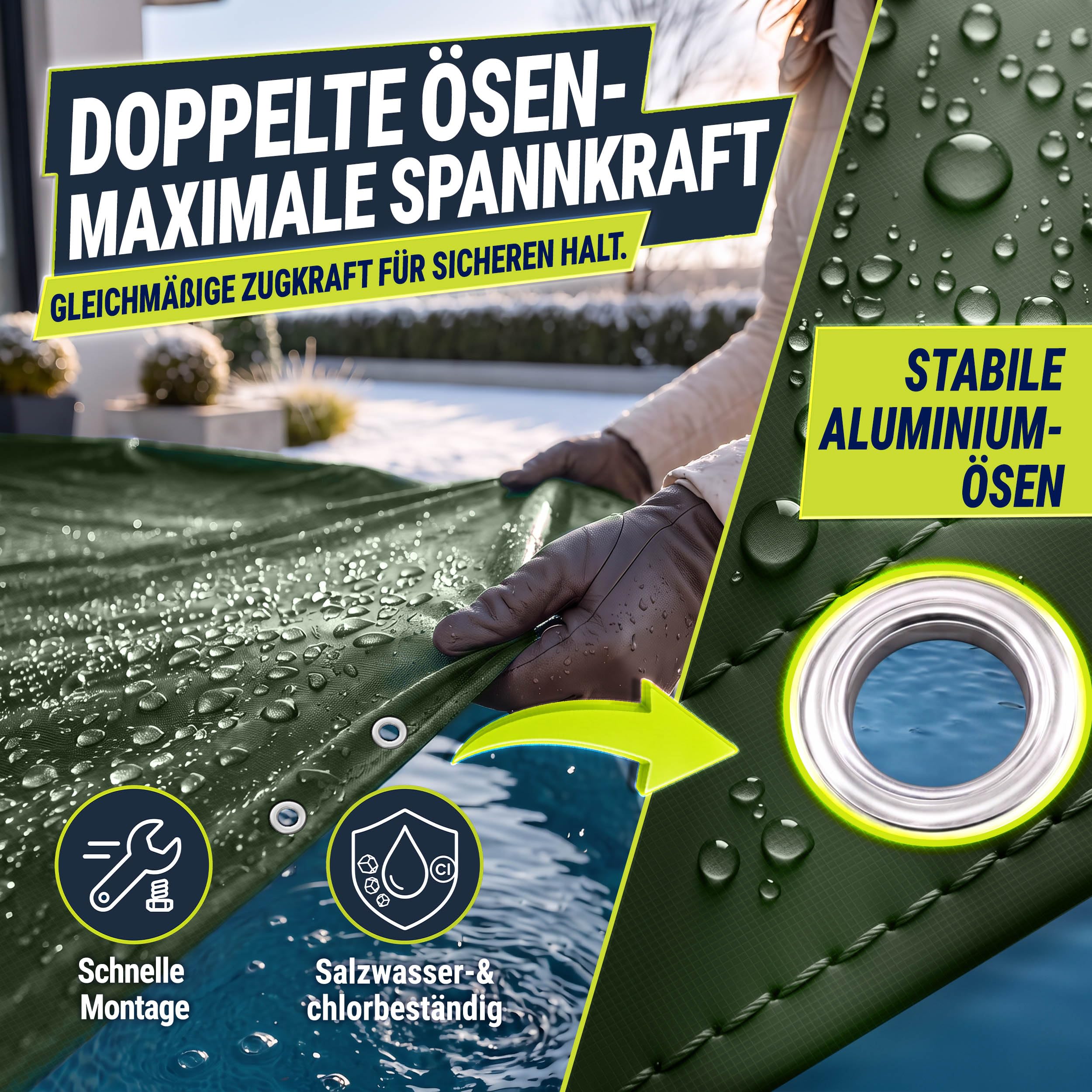 tillvex® Premium Poolabdeckung rund ø 520cm für Ø 420-460cm mit Montageset