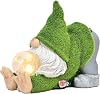 TERESA'S COLLECTIONS Flocked Gnome Garden Ornaments Outdoor with Solar Lights, Yoga Dwarf Garden Statue and Figurine with Crackle Ball, Garden Gift for Lawn Yard Autumn Decoration, 20cm