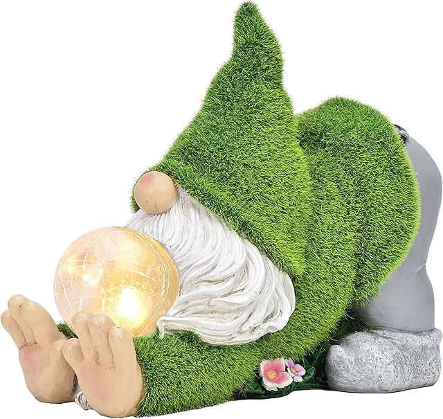 TERESA'S COLLECTIONS Flocked Gnome Garden Ornaments Outdoor with Solar Lights, Yoga Dwarf Garden Statue and Figurine with Crackle Ball, Garden Gift for Lawn Yard Autumn Decoration, 20cm
