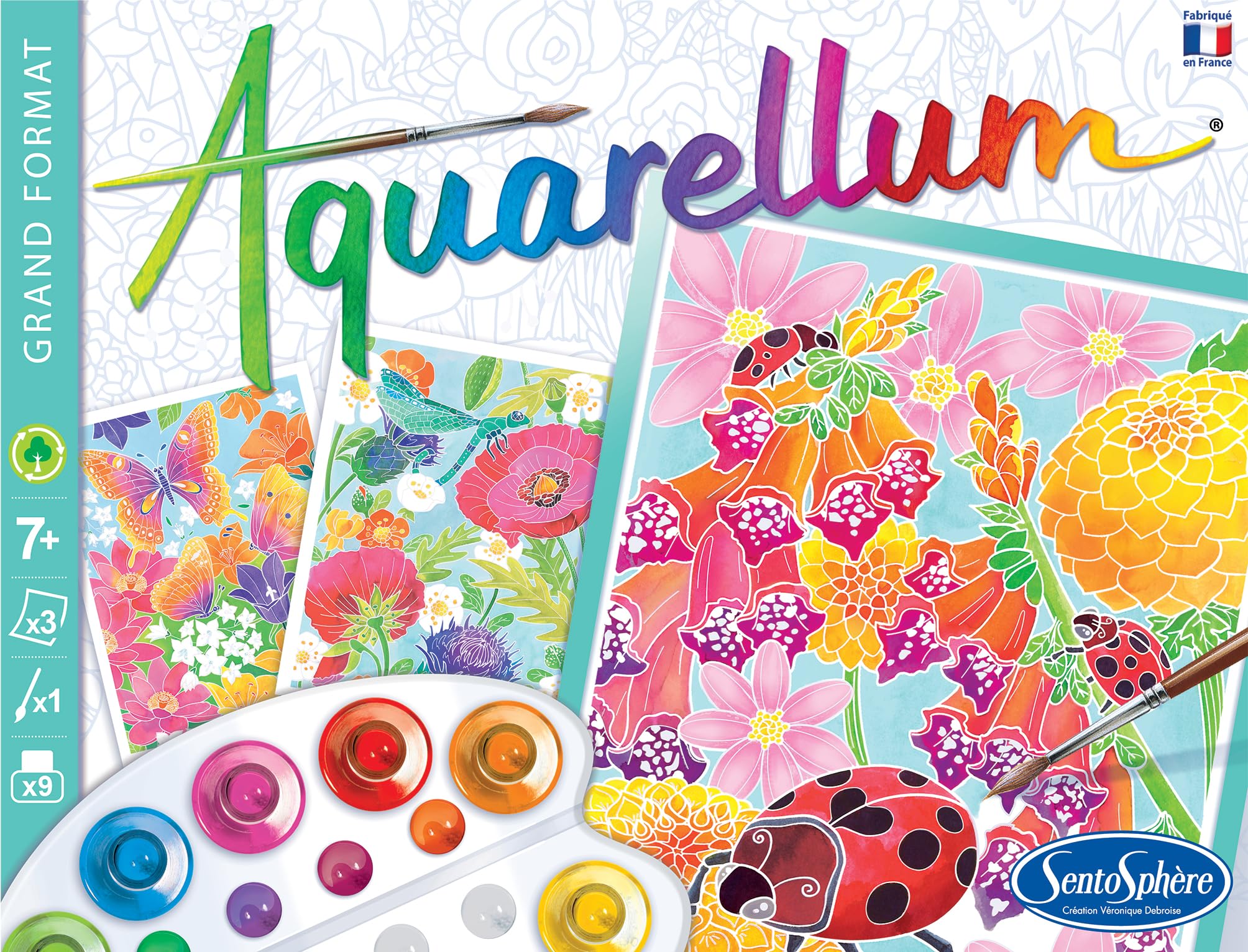 Sentosphère – Aquarellum - En las flores – Kit de pintura mágica para niños – Actividad creativa con 3 cuadros de 32,5 x 25 cm – Acuarela – A partir de 7 años – Fabricado en Francia – 6391
