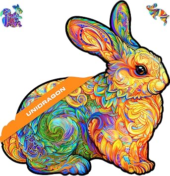 UNIDRAGON Precious Rabbit Animal Wooden Jigsaw Puzzle for Adults - 309 Unique Shaped Pieces - King Size 14.1 x 14.5 in 36 x 37 cm