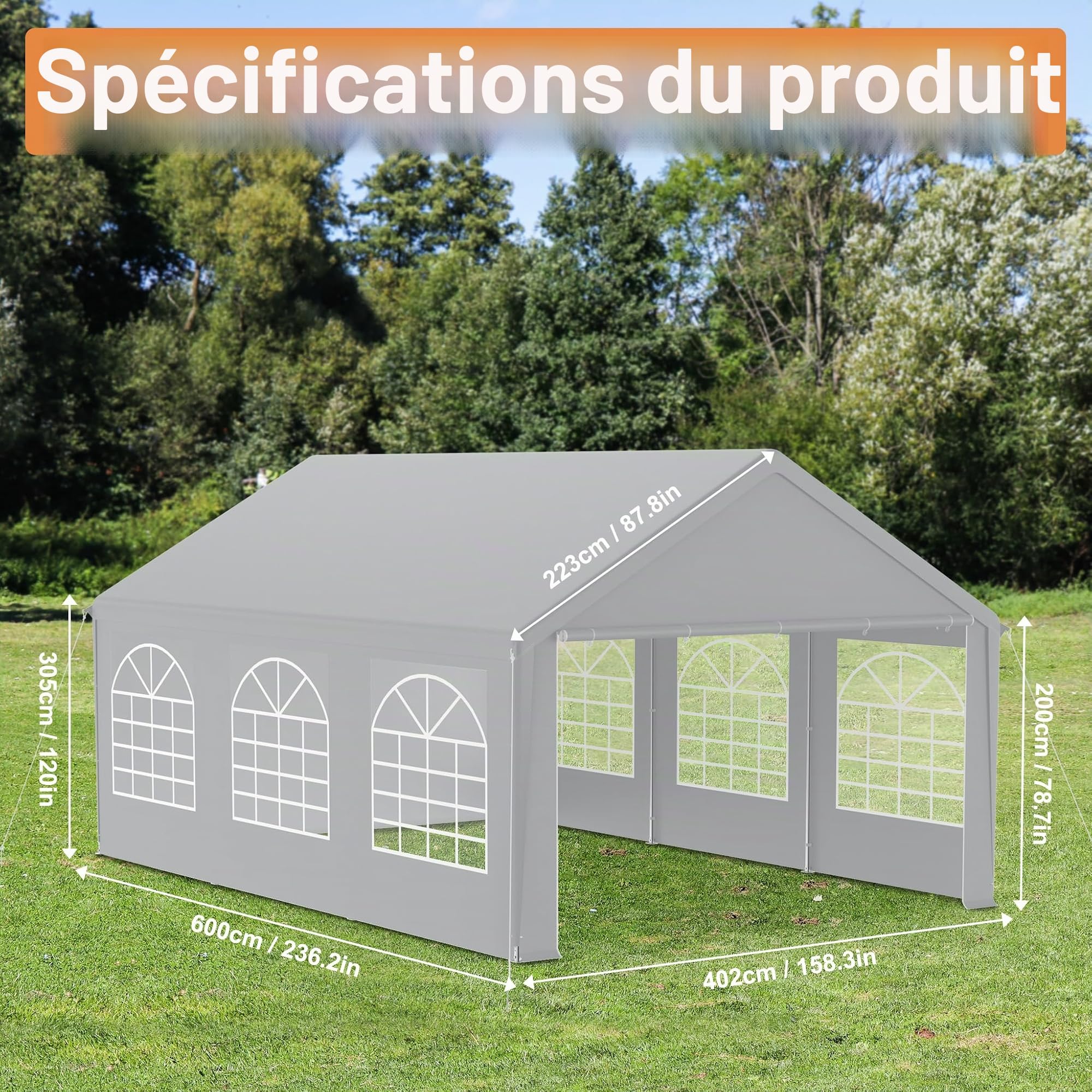 LZQ Tonnelle 4 x 6 m avec bâche de toit en polyéthylène 170 g/m², parois latérales fenêtre, tente de jardin réception, 4 x 6 m acier galvanisé, protection UV, pergola