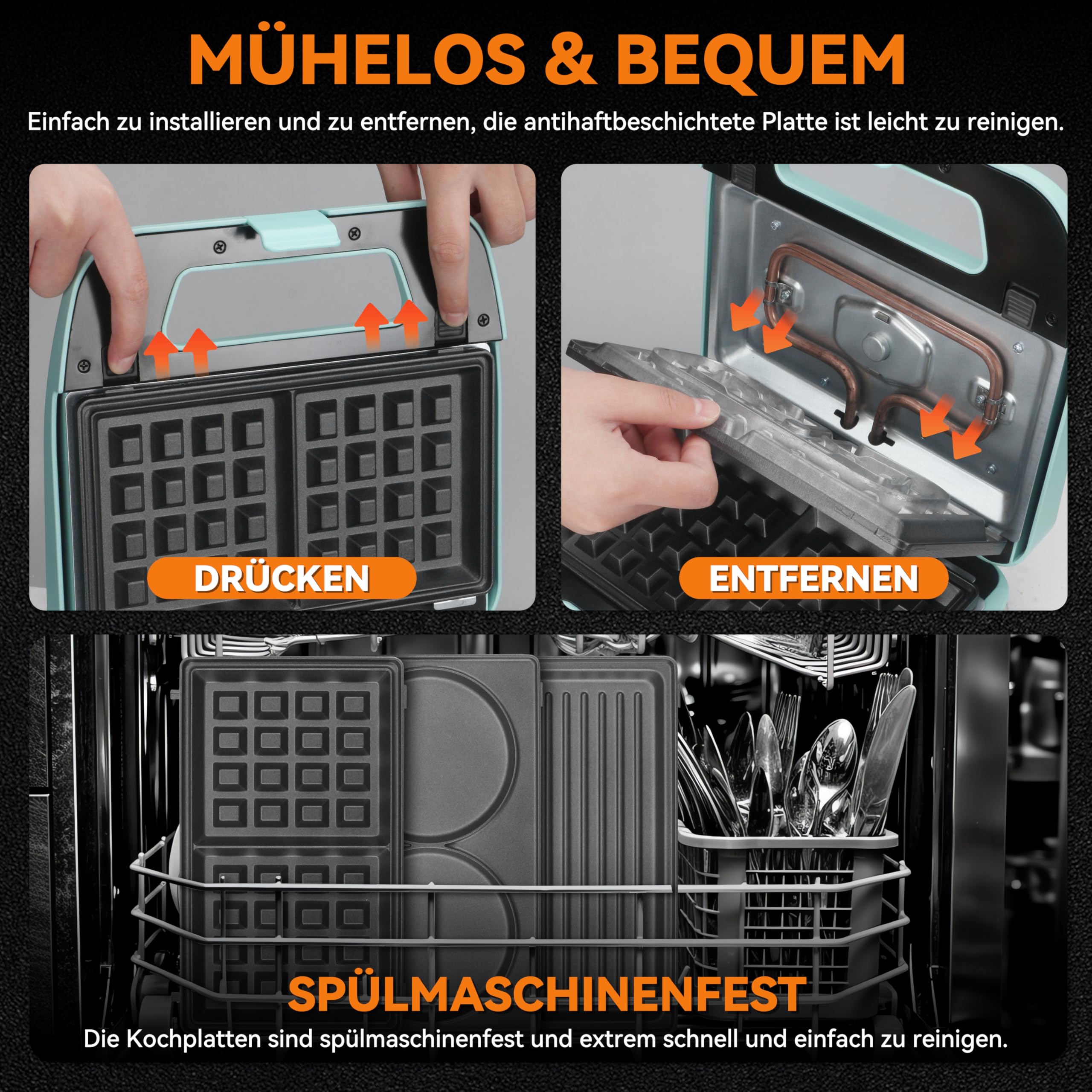 Baker’s Friend 3-in-1 Waffeleisen mit abnehmbaren Platten, quadratisches Waffeleisen mit abnehmbaren Platten, Pfannkuchen- und Sandwichpresse, Grillkäsemacher, antihaftbeschichtet, Edelstahl, Aqua