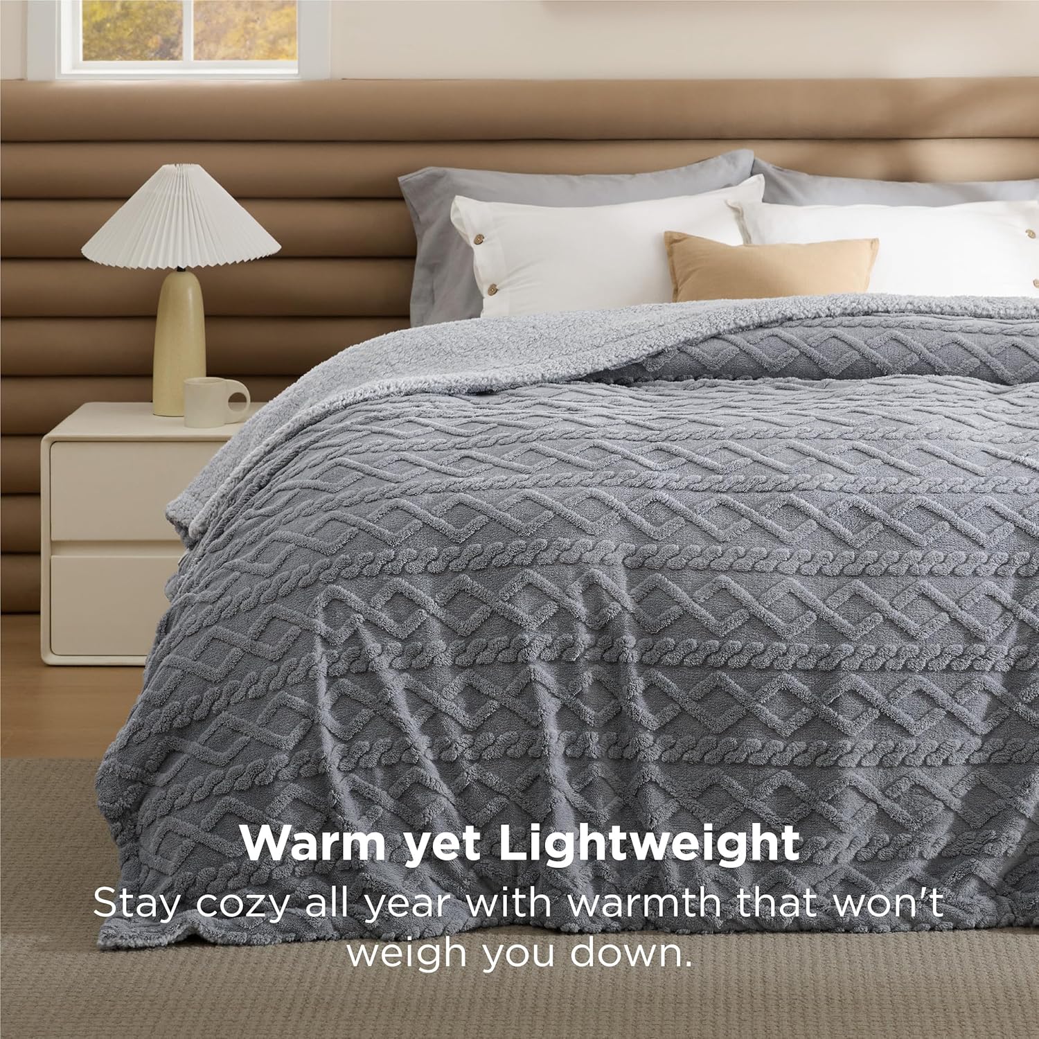 Bedsure Sherpa Queen Size Blanket for Bed - Fleece Soft Fluffy & Cozy Cable Jacquard Tufted Throw Blankets for Women Gift, Thick Warm for Winter and All Seasons, Grey, 90x90 Inches - Image 4