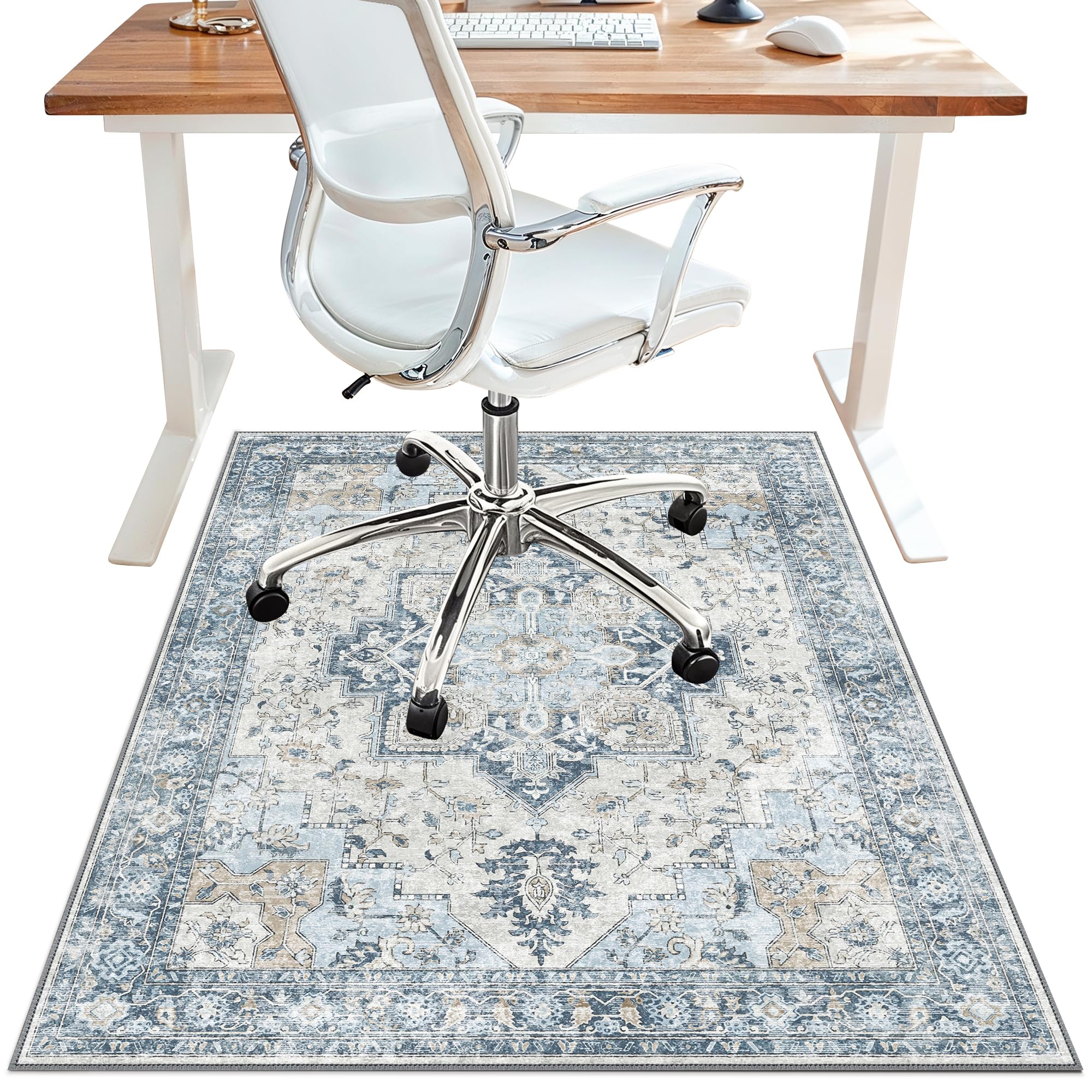 36"x48" Office Chair Mat for Hardwood Tile Floor, Under Desk Carpet Protector for Rolling Computer Chair Mat, Machine Washable Area Rug, Anti-Slip 1/5" Thick Low Pile Thin Vinyl Floor Mat, Blue