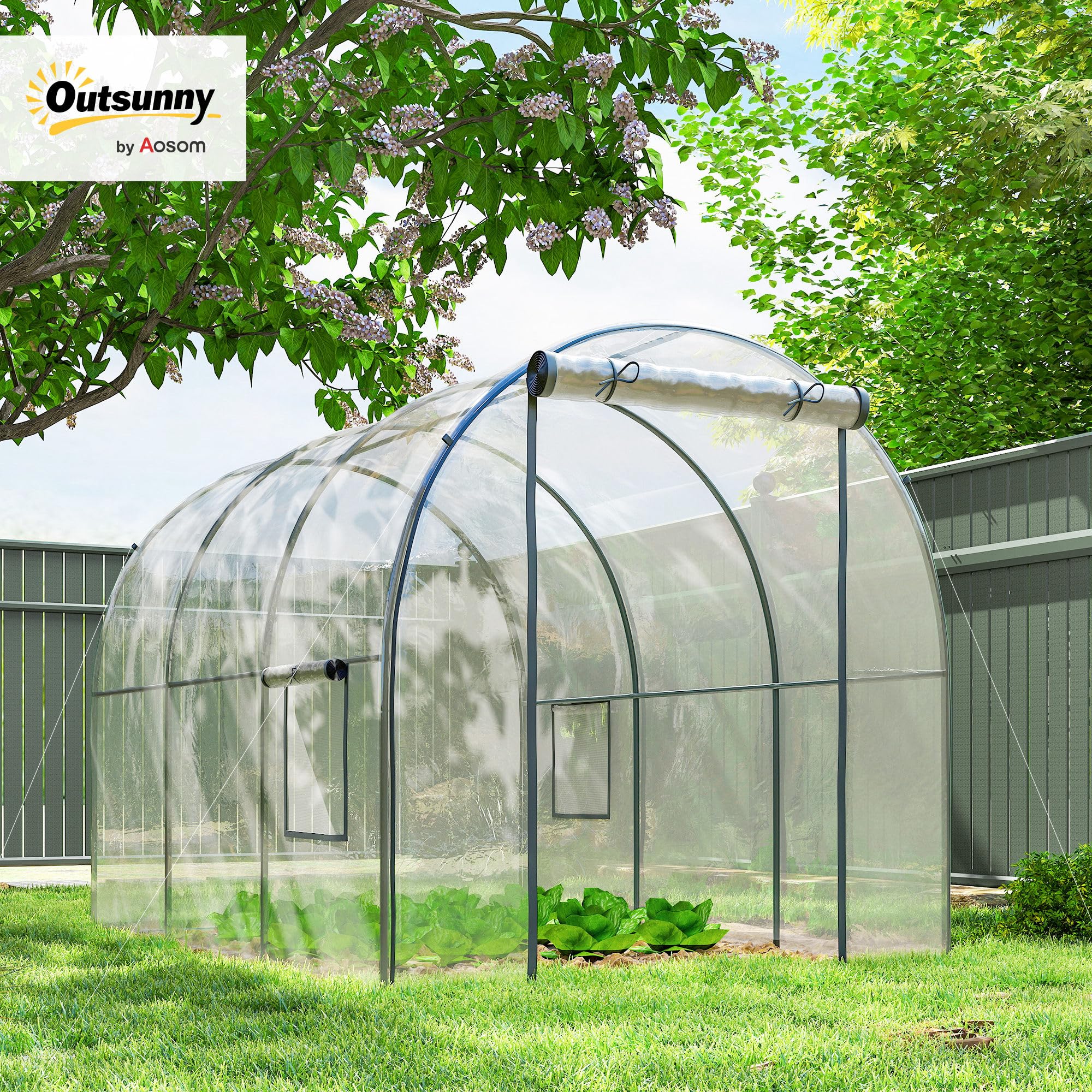 Outsunny Serre de Jardin Tunnel avec châssis Tubulaire renforcé Surface Sol 6 m² Porte zippée 2 fenêtres enroulables Serre à tomates 3L x 2l x 2H m - Transparent