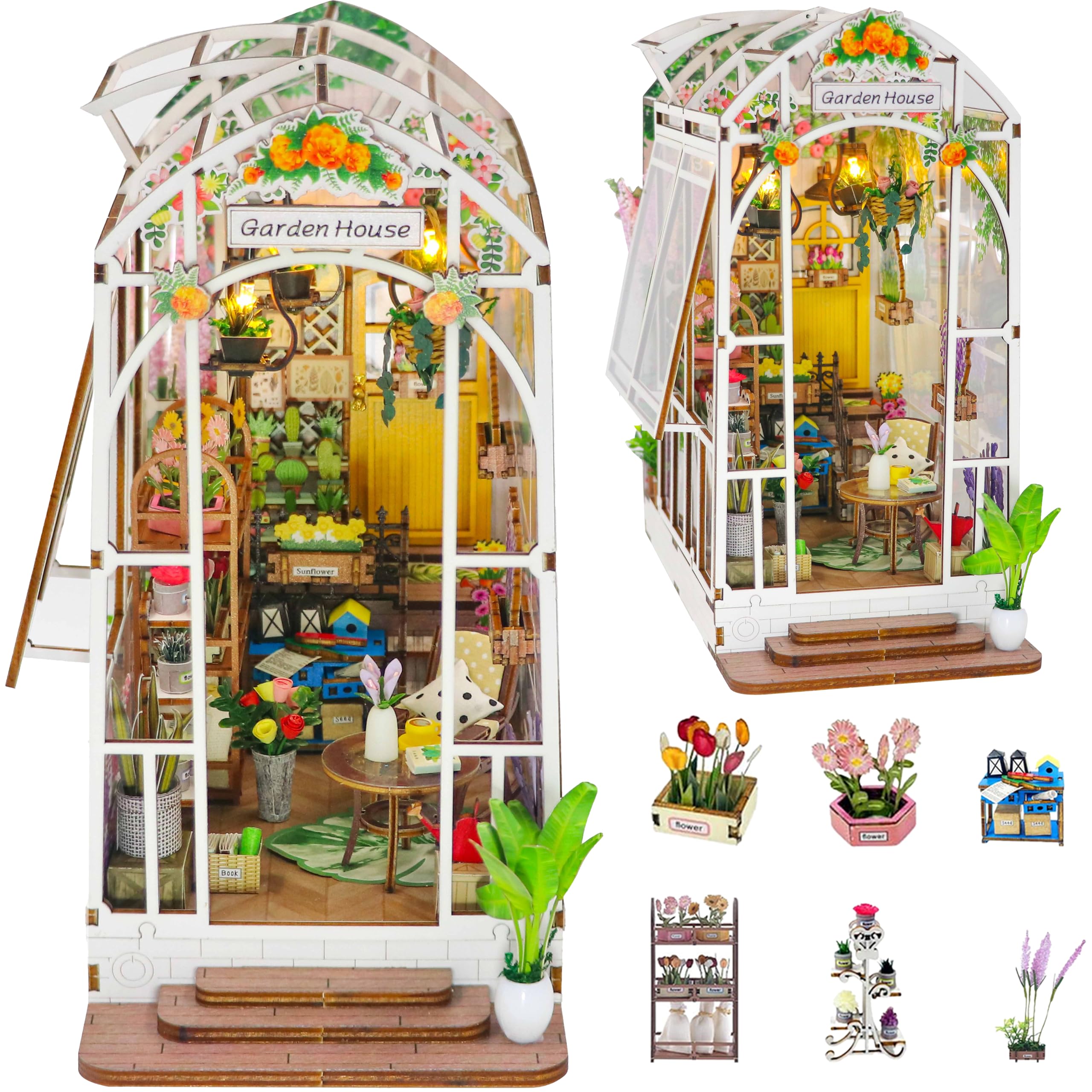 Shrike Book Nook Kit, DIY Puppenhaus, Booknook Kit, Miniatur Haus Selber Bauen Bausatz mit LED-Beleuchtung, 3D Holz Puzzle Buchstütze Bücherregal Einfügen Dekor für Erwachsene (Sunshine Garden House)