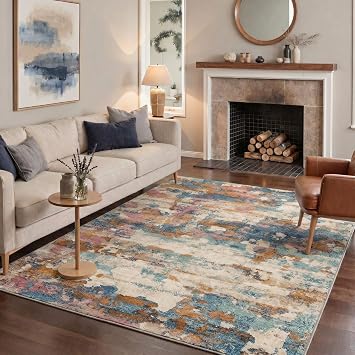 BEIMO 8x10 Washable Rug Low Pile Lightweight Non Slip with Modern Abstract Brush Strokes Print Pattern for Living Room, Bedroom, Dining Room, Home Office, Dusty Terracotta